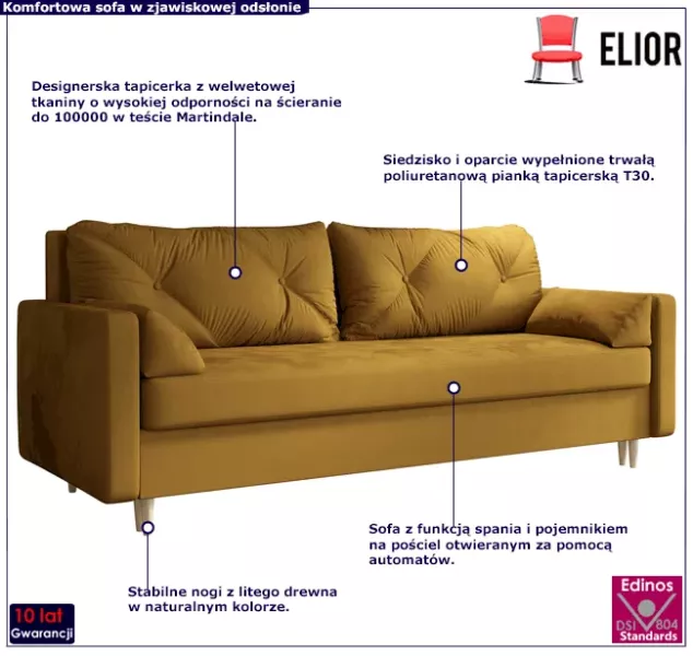 Musztardowa sofa rozkładana z pojemnikiem na pościel - Elvian