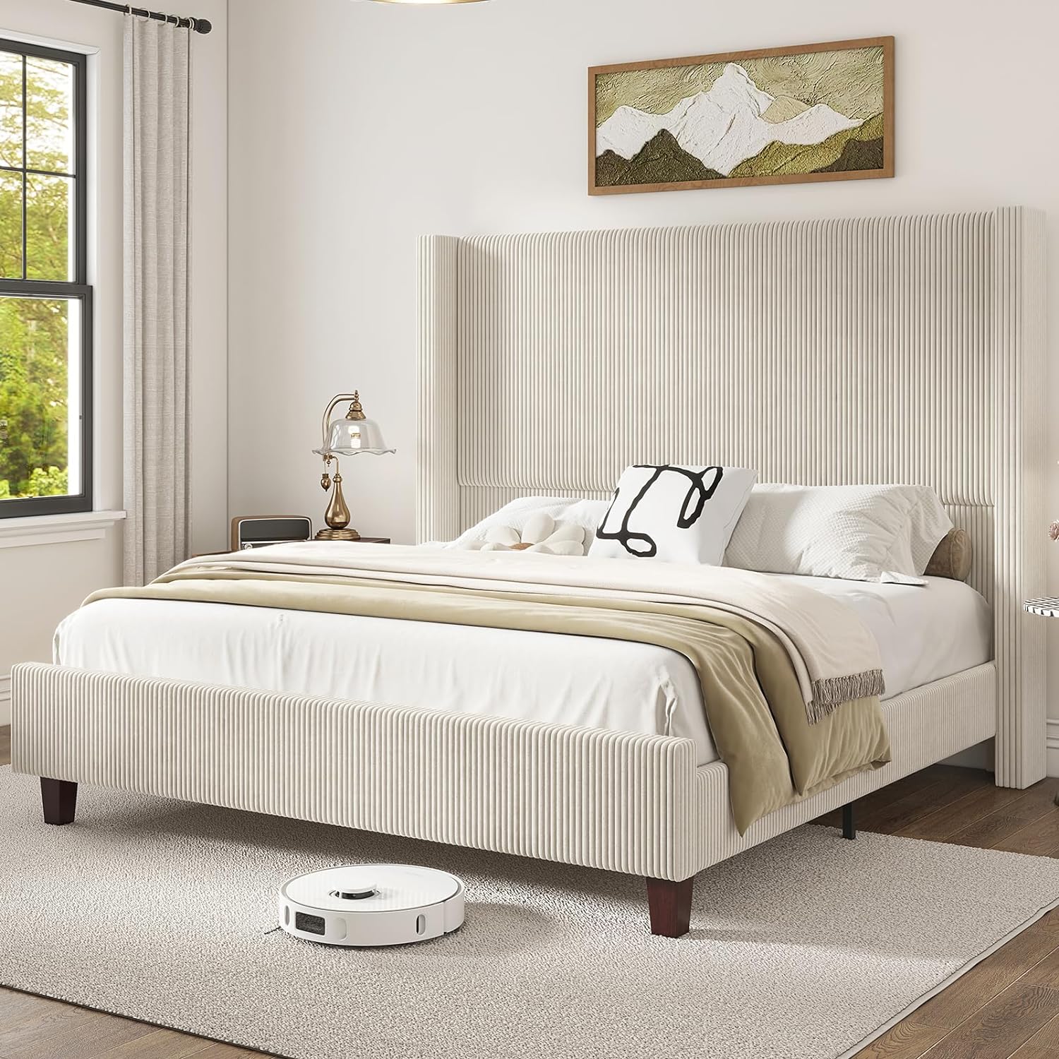 HOWE King Size 61 Corduroy Upholstered Bed Frame, Platform Bed with Vertical Stripe Wingback Headboard, No Box Spring Needed/Noise Free/Solid Wood Slats/Cream