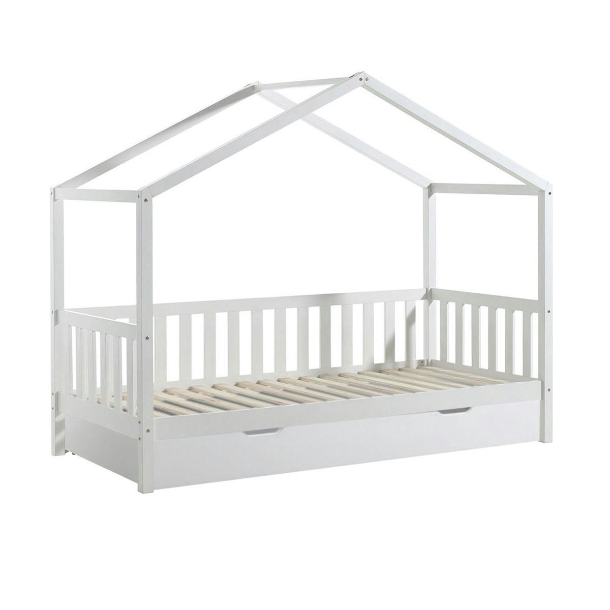 ARKAN - Lit  maison à barrières 90x200cm pin blanc + tiroir