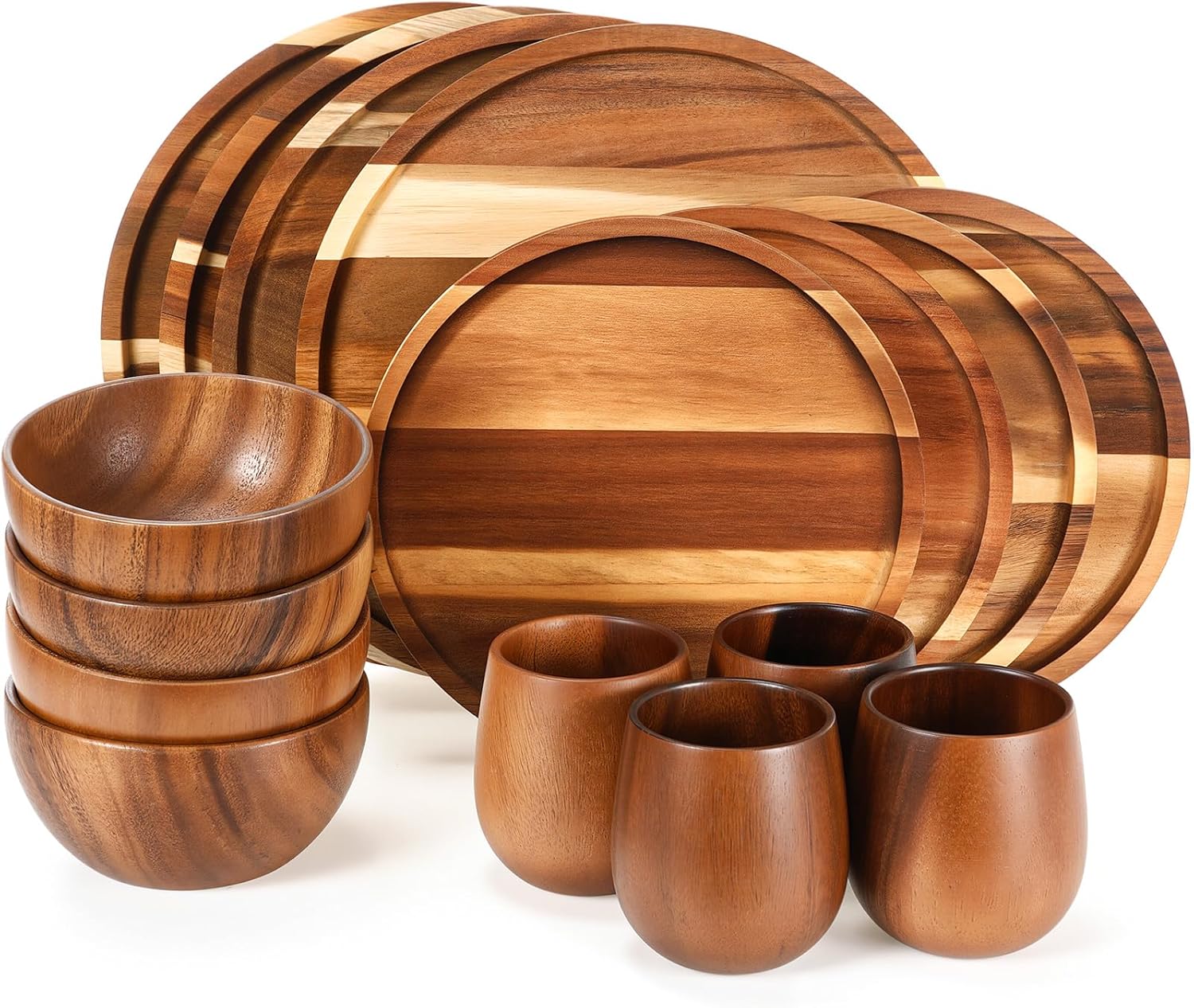 Maxdot 16 Pcs Acacia Wood Dinnerware Set, Round Wooden Plates,Solid Wooden Bowls and Tea Cups, Acacia Wood Tableware Supplies, Easy Cleaning & Lightweight for Dishes Snack, Dessert, Set for 4