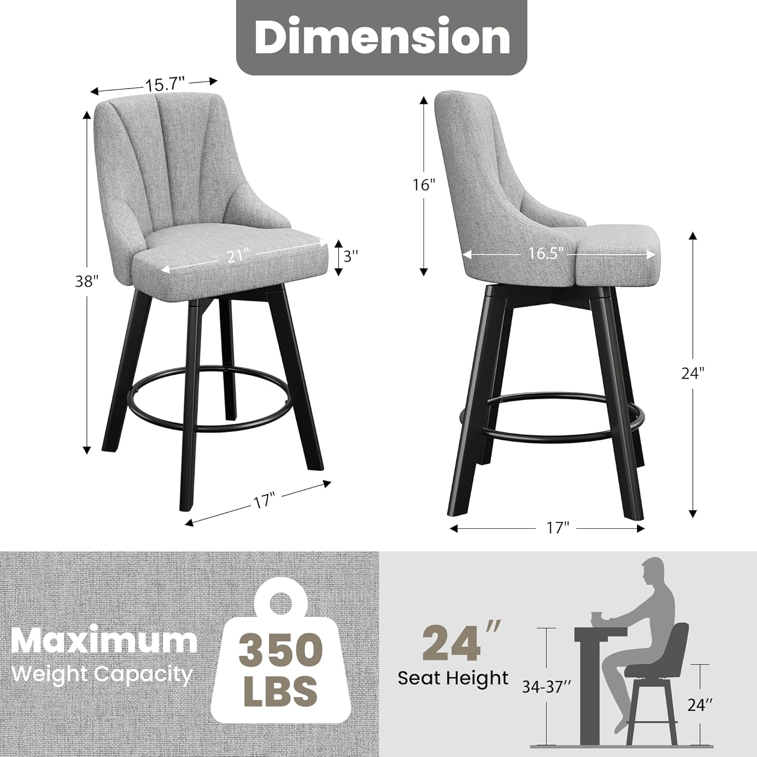 Bar Stools with Backs, 24 Counter Height Bar Stools, Fabric Upholstered Counter Barstools Set of 4 with Solid Wood Legs for Kitchen Island, Home Bar, Light Gray