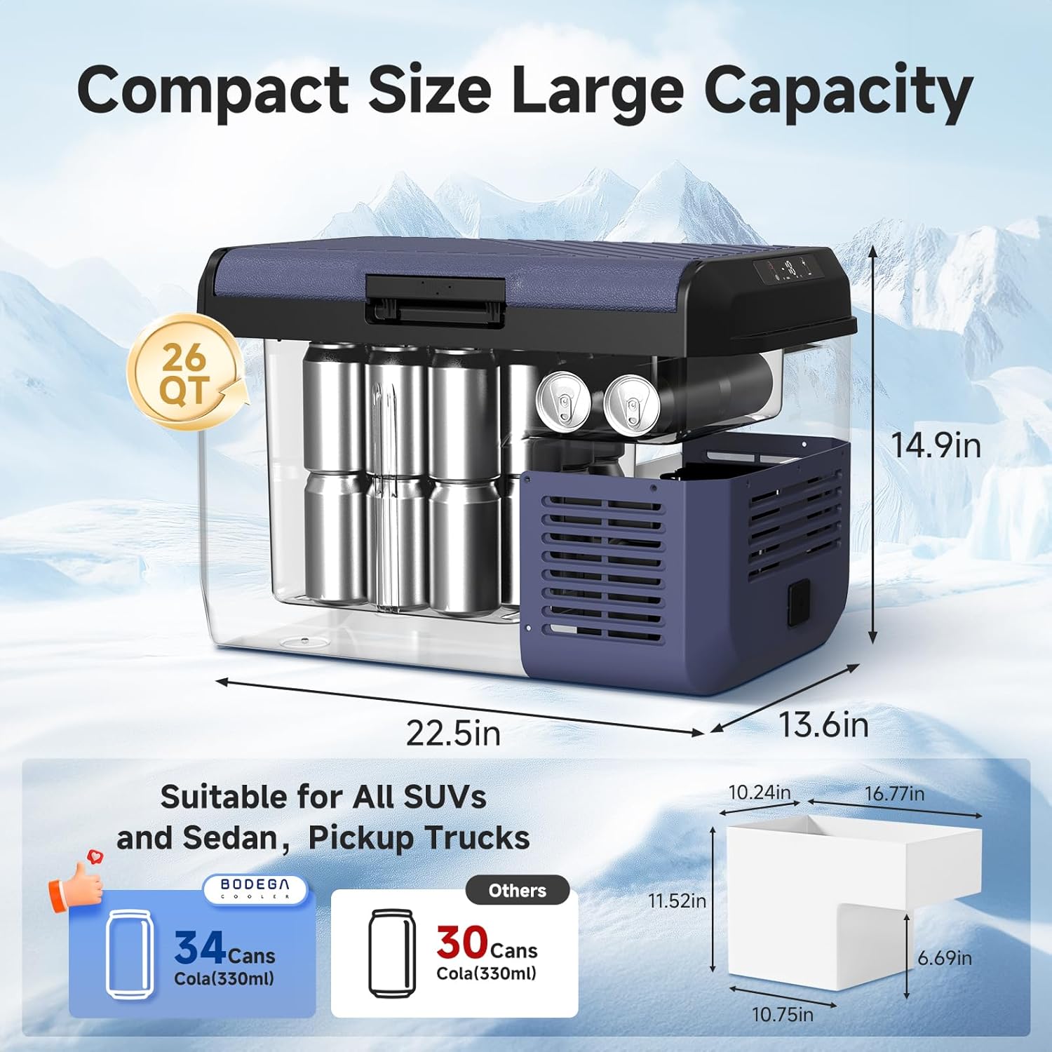 BODEGA 12 volt Car Refrigerator - 26QT Portable Freezer IPX4 Waterproof Car Fridge Electric Cooler Ultra-Quiet for Truck Van Camping Travel 12/24V DC 110~240 Volt AC,-4℉~68℉
