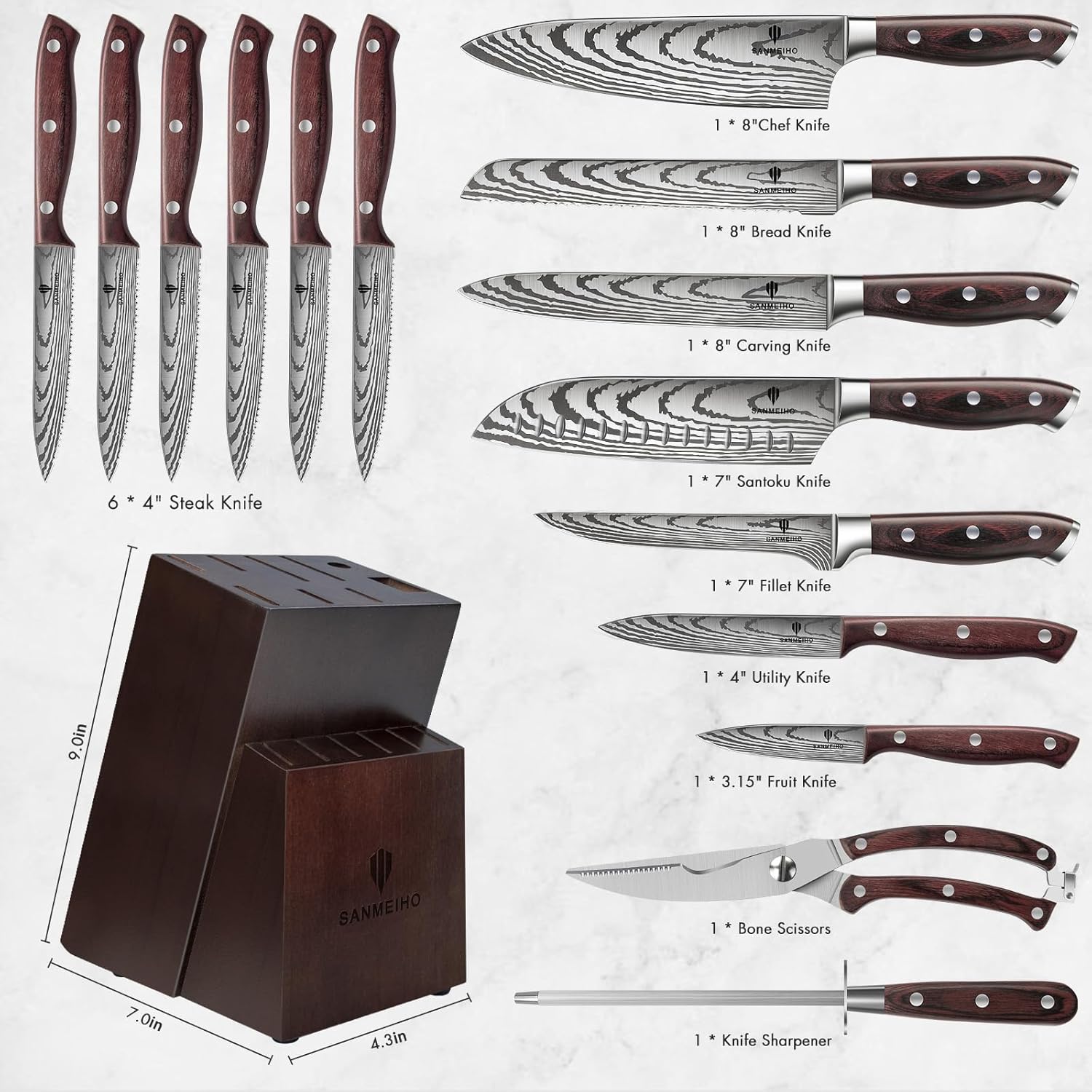 Knife Set 16 pcs, Japanese Kitchen Knife with Block High Carbon Stainless Steel Ultra Sharp Knife for Kitchen, Professional Chef Knife Set with Sharpener