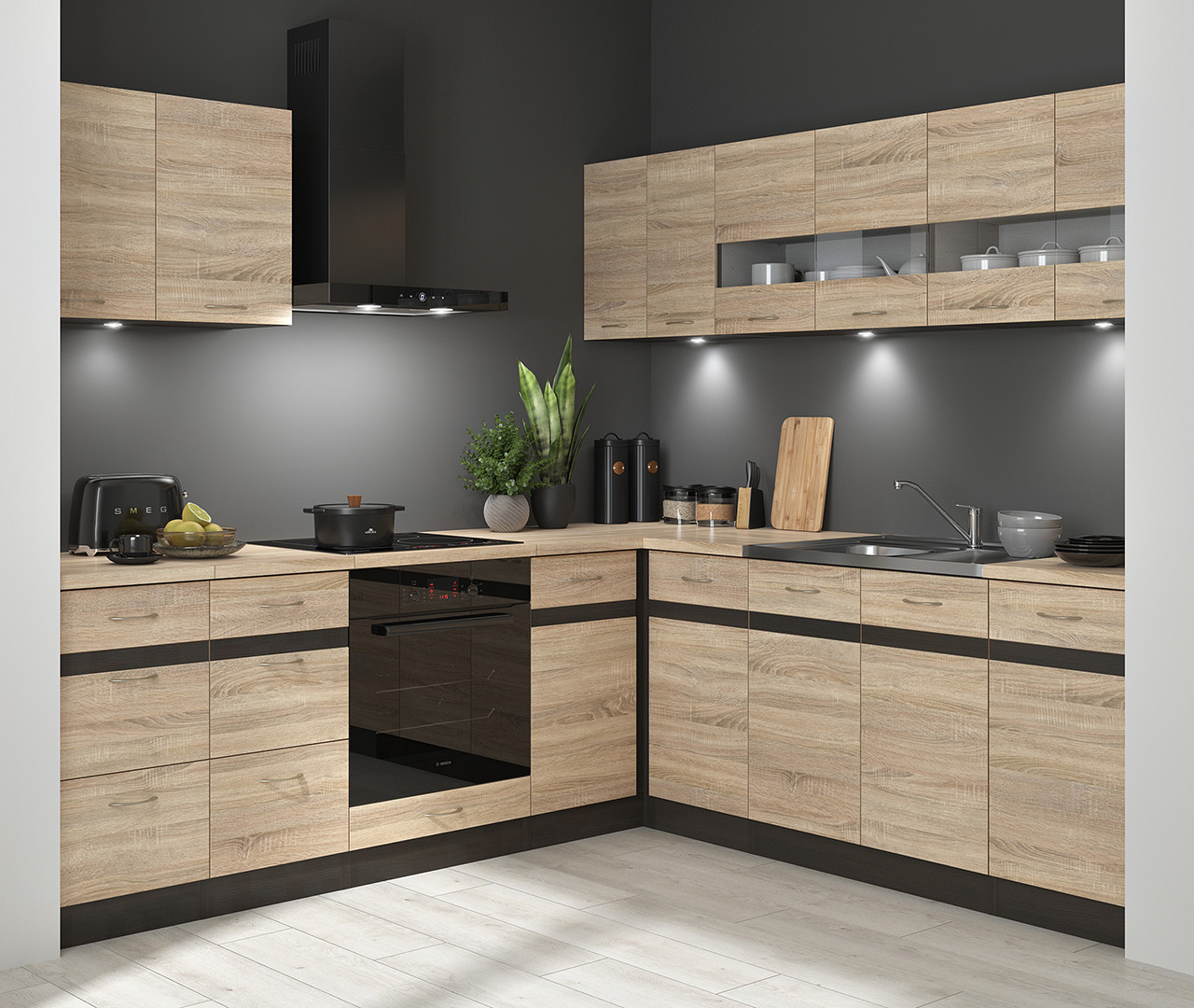 Komplet kuchenny narożny Junona Line 220x240 prawy dąb sonoma z blatem