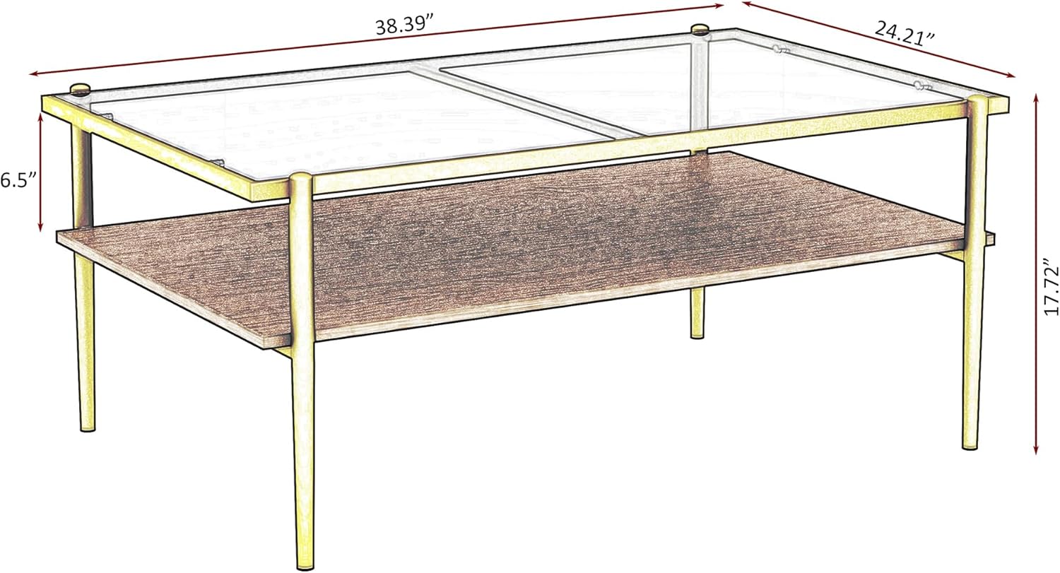 Casaphoria Rectangle Coffee Table with Gray Tempered Glass Top, 2-Tier Modern Center Cocktail Table with Golden Metal Legs and Wooden MDF Storage Shelf for Living Room, 38 Inch, 220 LBS Capacit