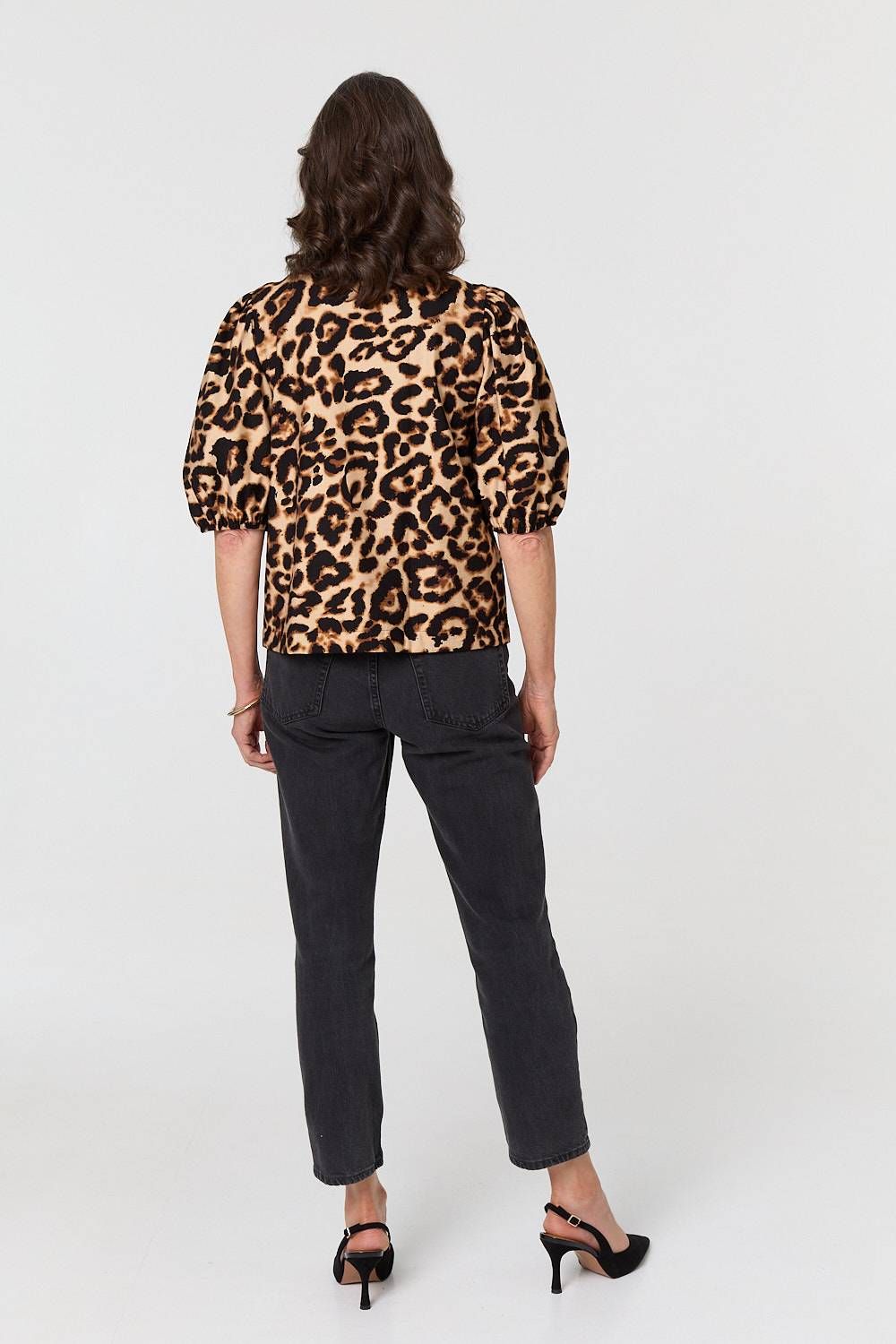 Izabel London Animal Print Bow Front Puff Sleeve Shirt