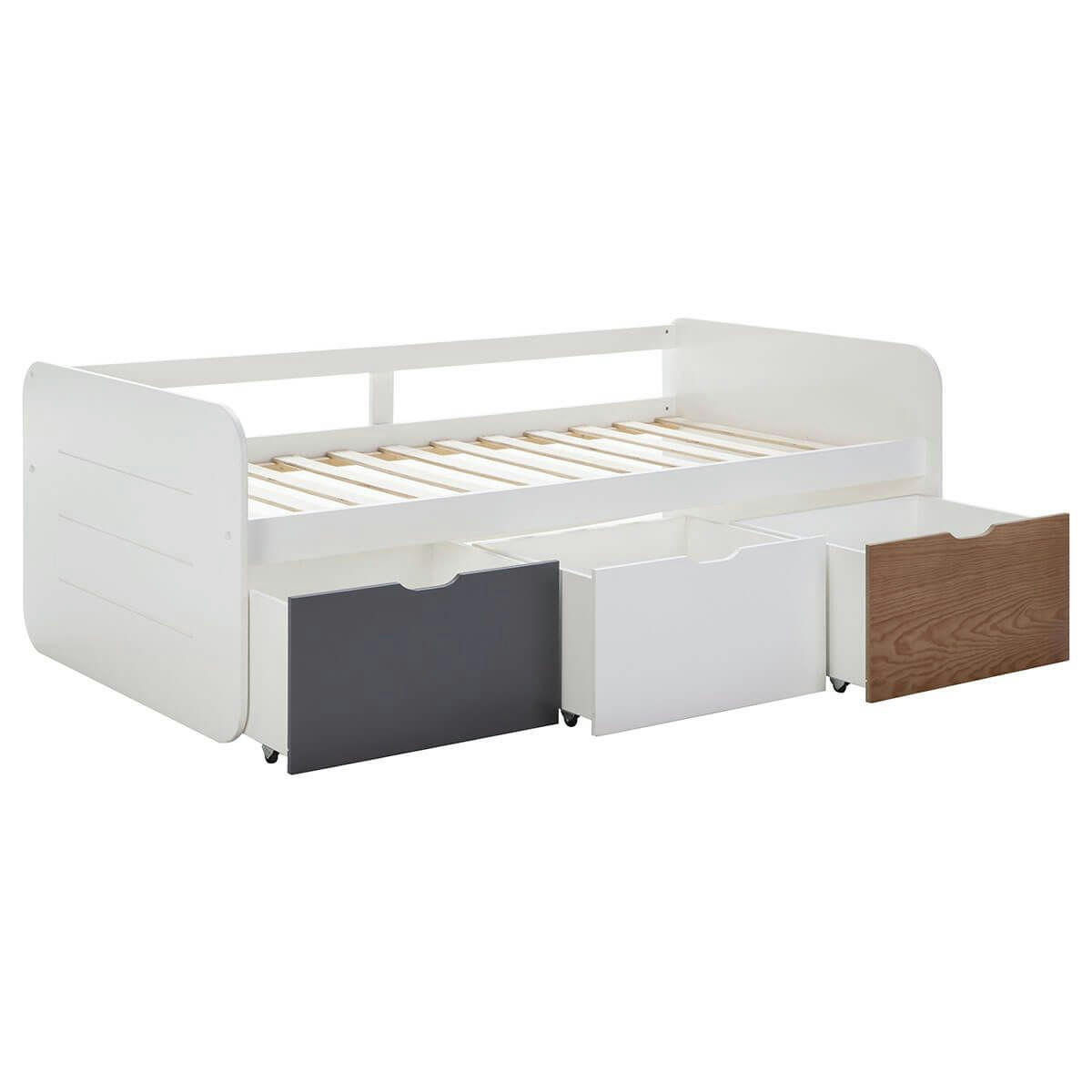 ZELLA - Lit  90x190cm + 3 tiroirs blanc, gris et effet bois