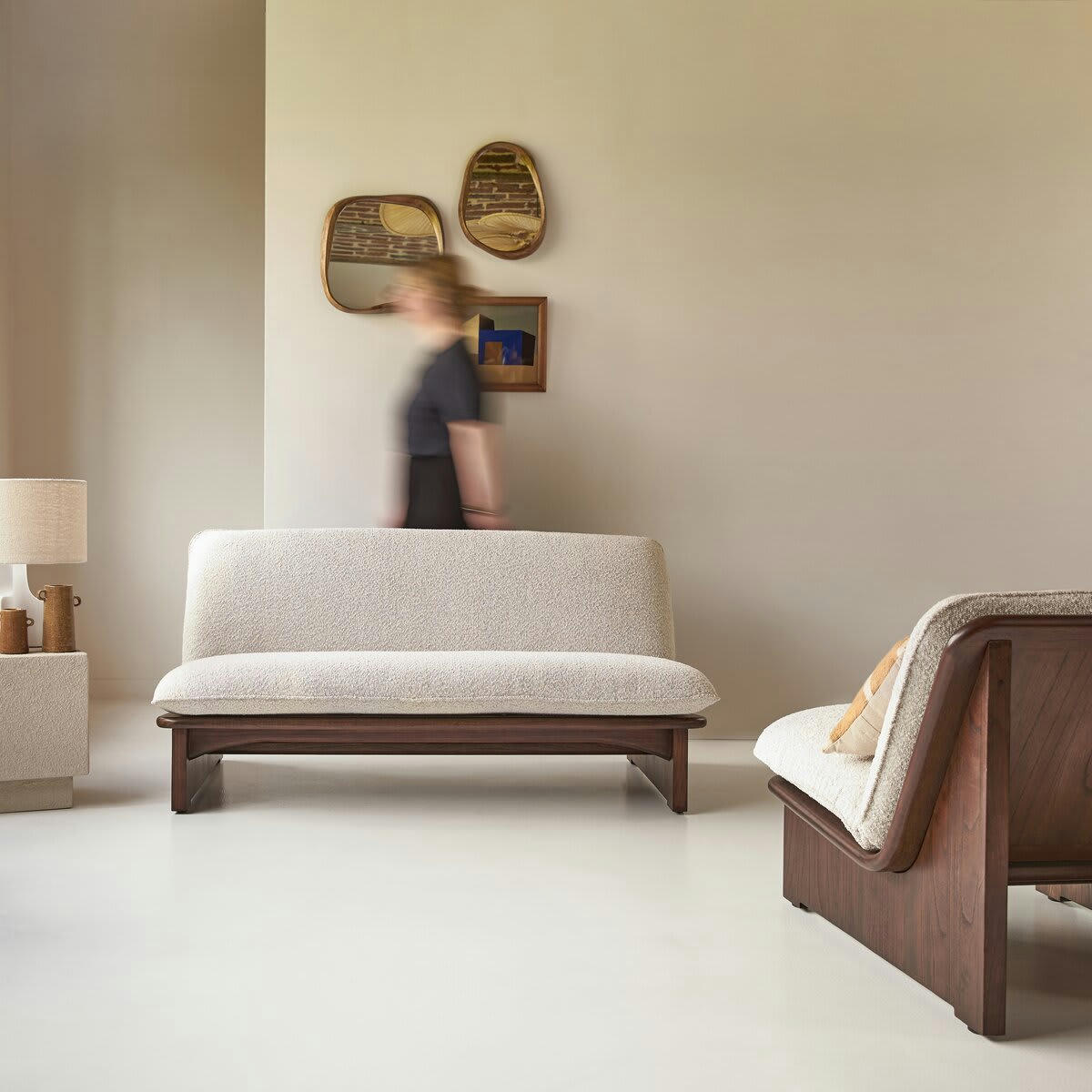 FOLK - Banquette en mindi massif et tissu écru 2 places