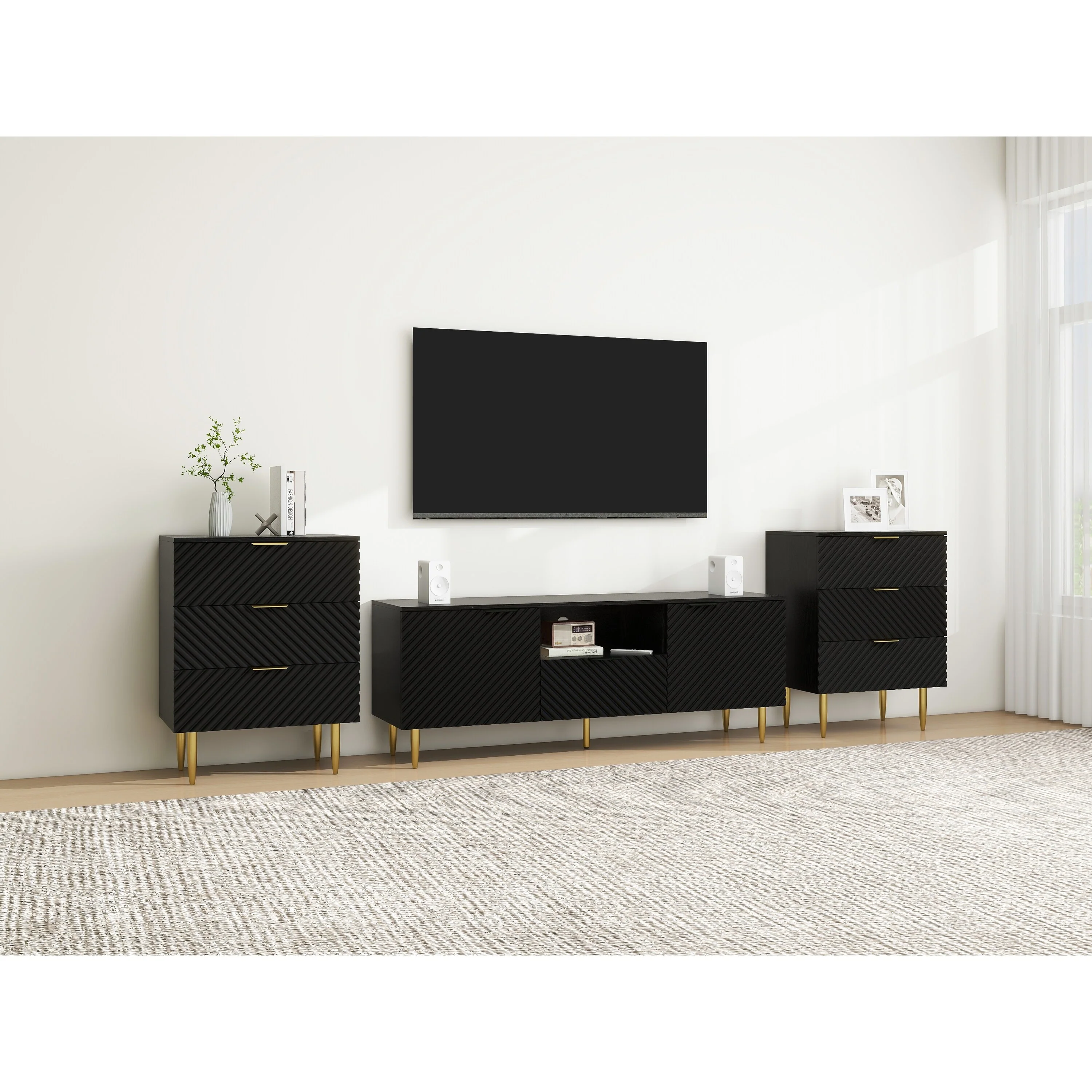 59 TV Stand with Drawers, Wood Feet & Gold Handles for Living Room