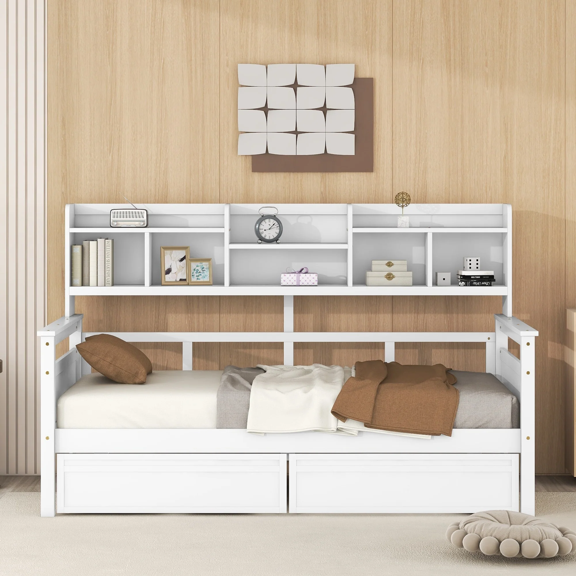Twin size Daybed, Wood Slat Support, with Bedside Shelves and Two Drawers, White
