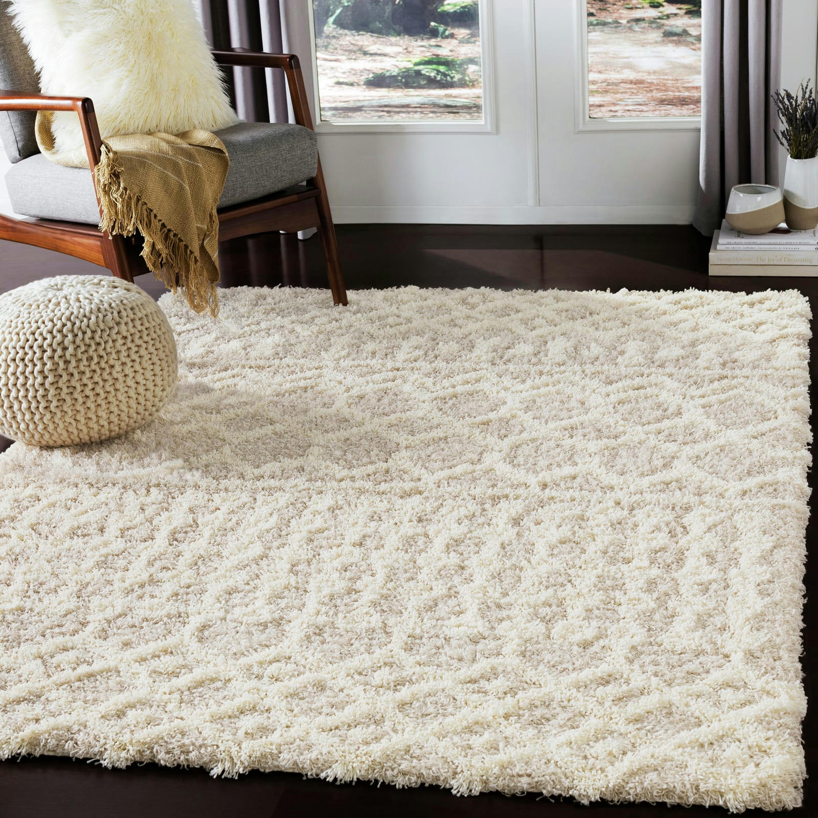 NOUR - Tapis Shaggy Bohème Ivoire/Beige 160x220