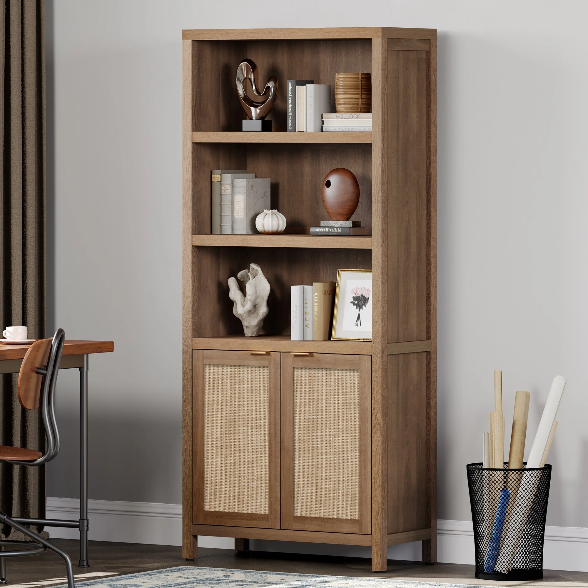 SICOTAS 5 Tier Adjustable Bookcase with Rattan Storage Cabinet