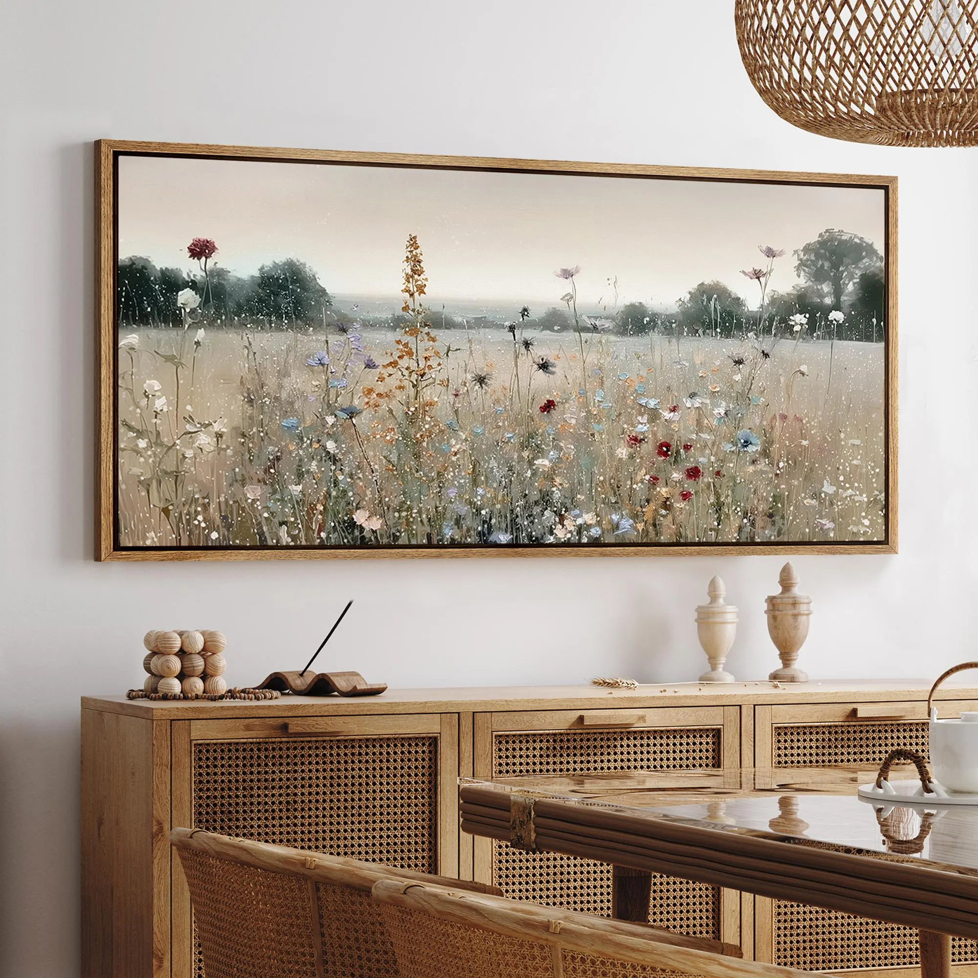 Wildflower Meadow Wall Art, Large Framed Soft Impressionist Field Canvas Print, Nature Landscape for Cottagecore or Modern Farmhouse Decor