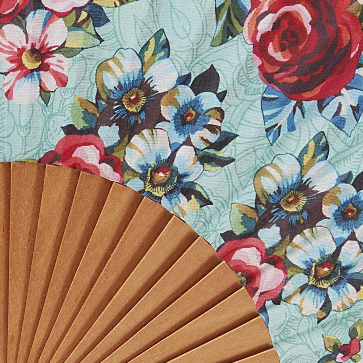 DEVI - Éventail en bois de merisier et coton motif fleuri Lagon