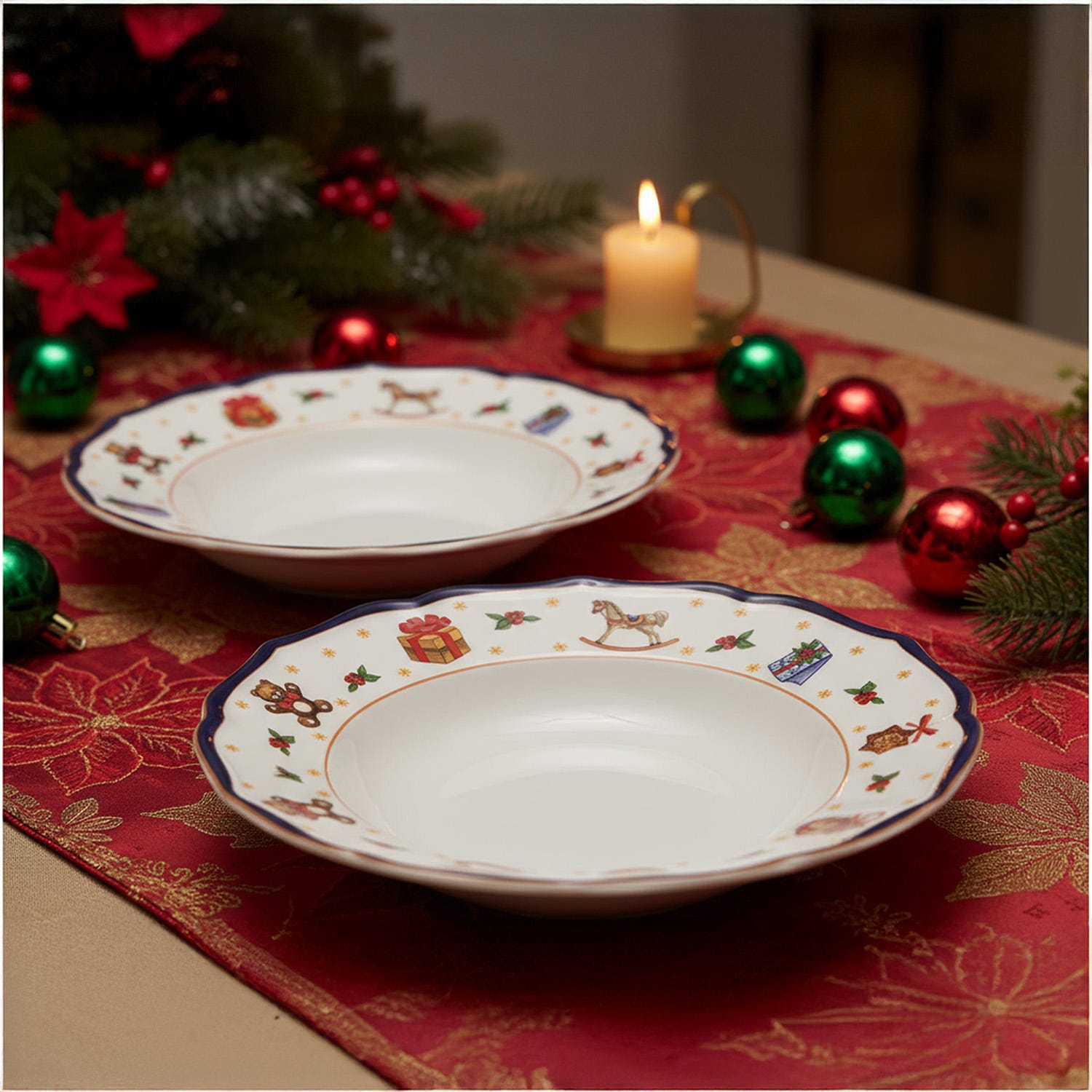 Set 2 piatti fondi natalizi porcellana bordo blu