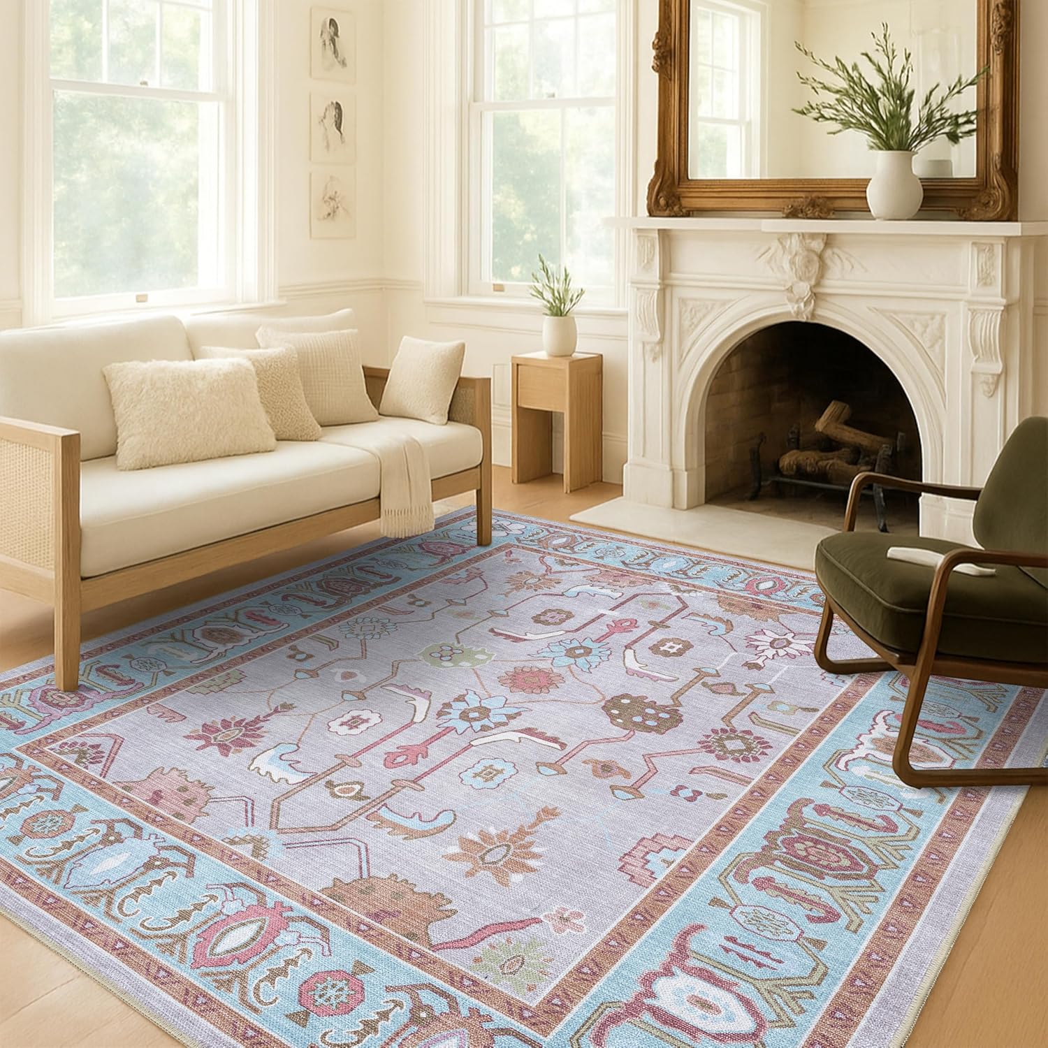 Fame Living Pink Oushak Rug, Modern, Vintage, Turkish, Eclectic, Floral, Pastel, Washable, Area Rugs for Living Room, Dining, Bedroom, Nursery, Girls, Boys, 5'9x8'9