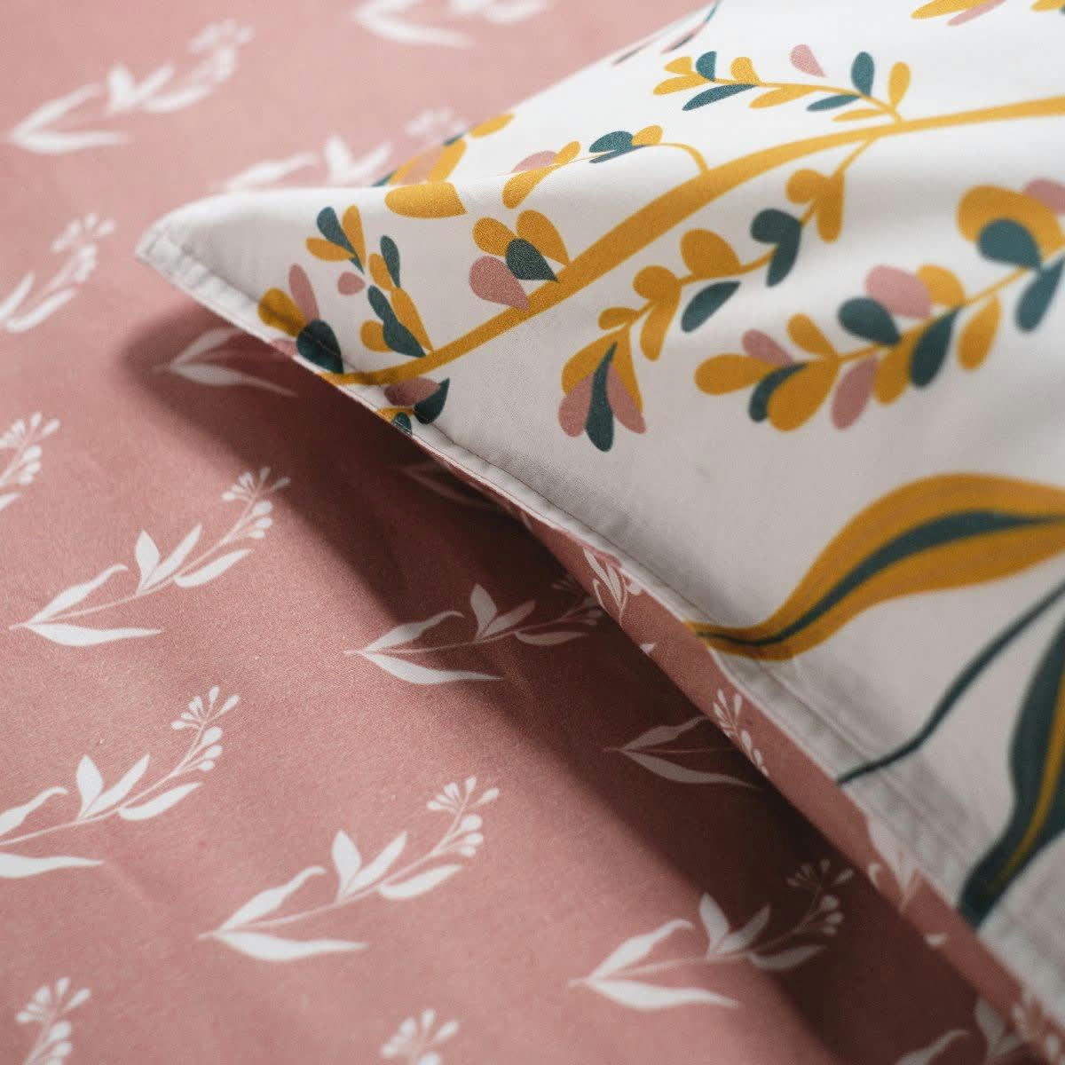 SUNSHINE FLORA - Parure de lit 2 personnes imprimé en coton rose 240x260
