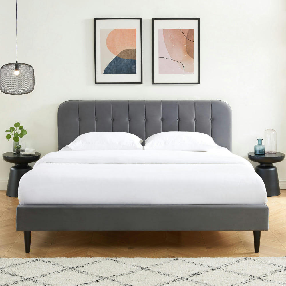 TORGO - Lit matelassé en velours 180x200cm gris