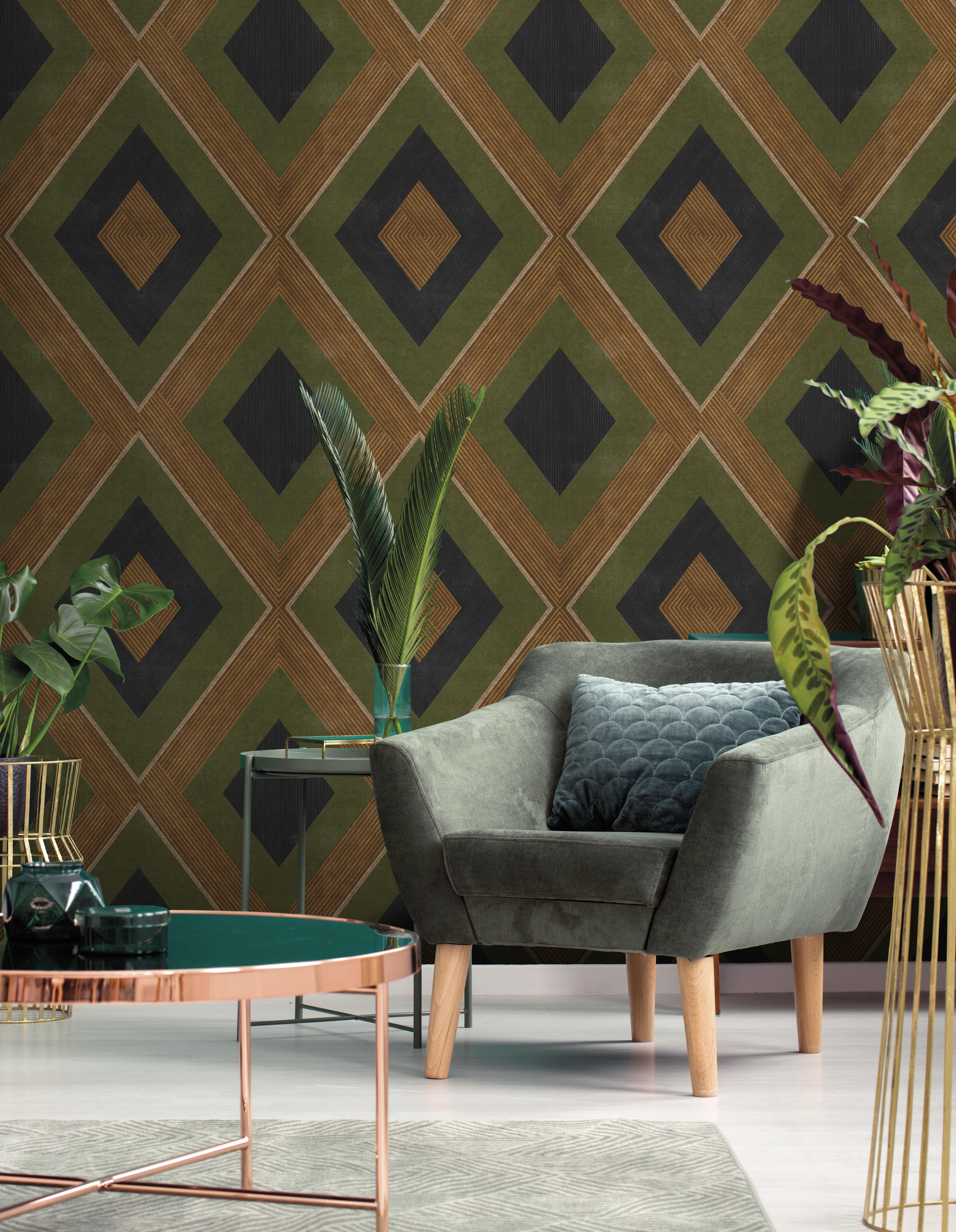 Sanders & Sanders behang geometrische vormen vergrijsd olijfgroen en bruin - 53 cm x 10 m - 640552