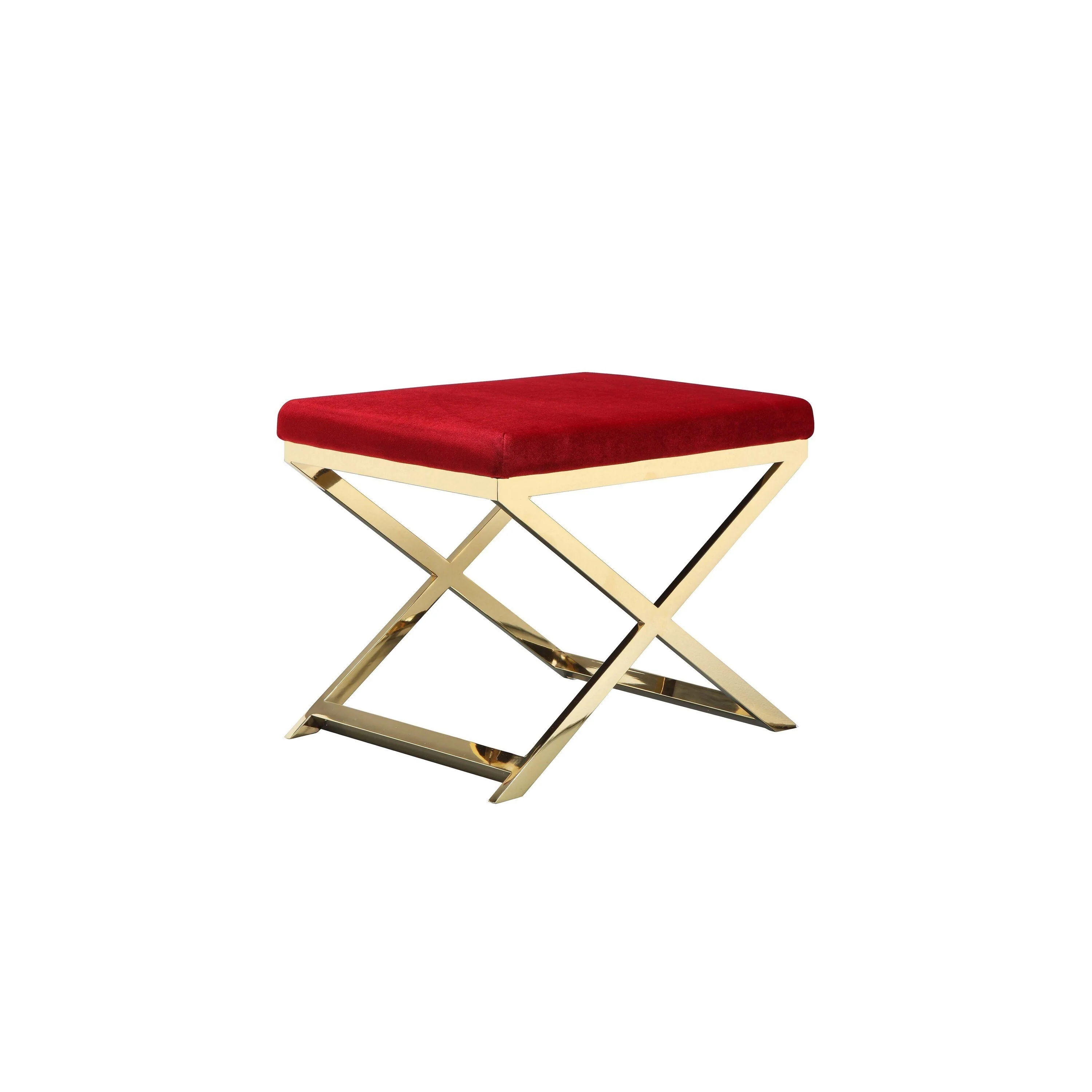 Sovi 20 Inch Ottoman Stool, Maroon Velvet Seat, Stainless Steel Frame, Gold
