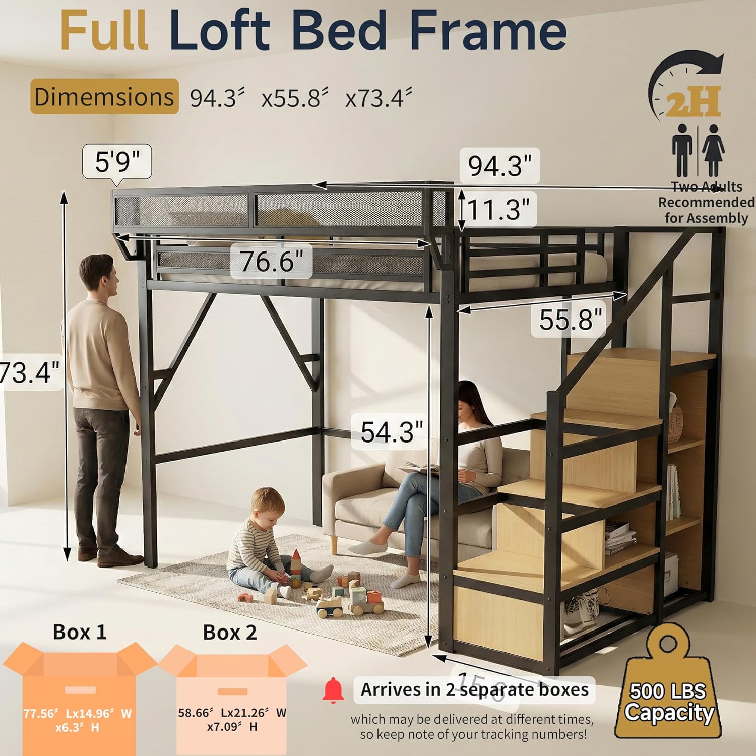 Full Size Loft Bed with Stairs and Storage, Metal Loft Bed Frame with Bedside Shelf and Large Under-Bed Space, Heavy-Duty Bed for Adults Teens and Kids, Convertible Staircase, Black