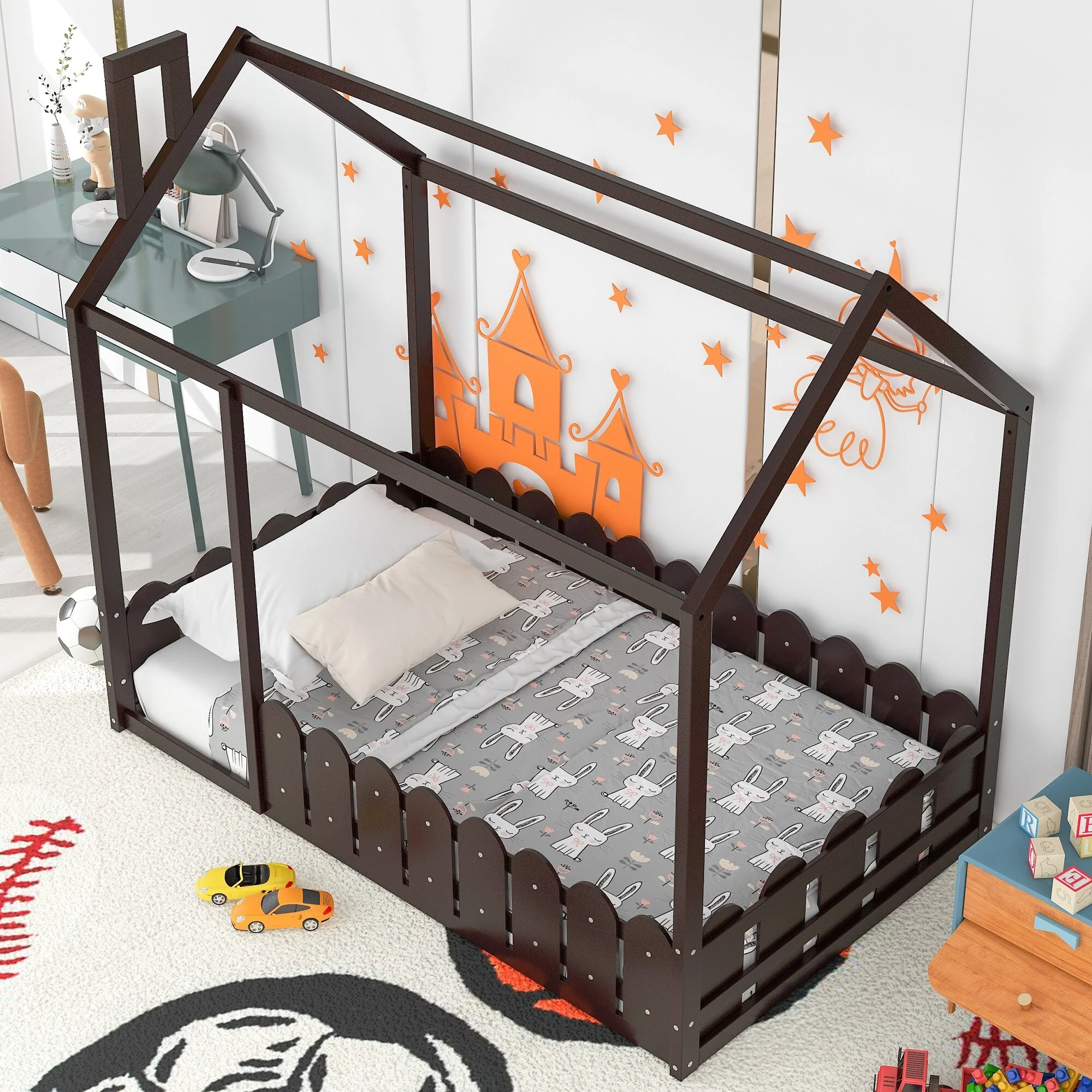 Twin Size House Bed with Roof and Fence, Semi-Enclosed Design for Kids' Play and Sleep