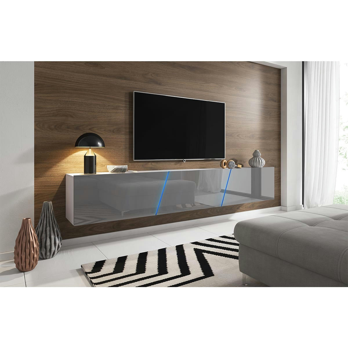 - Meuble tv sur pied ou mural 3 portes 240 cm avec led blanc et gris