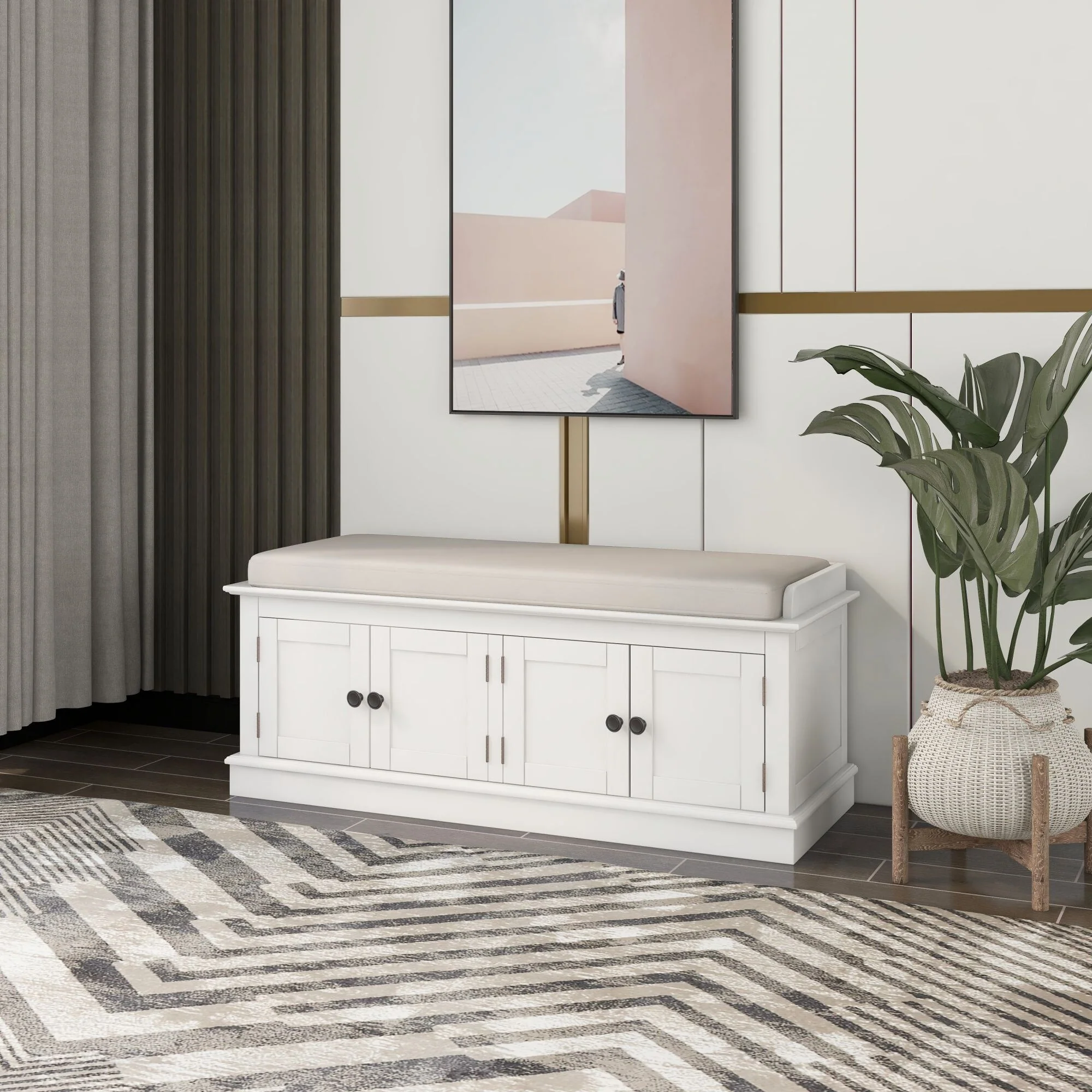 Hallway Storage Bench with 4 Doors & Adjustable Shelves, 42.7 Entryway Shoe Rack with Removable Cushion for Living Room