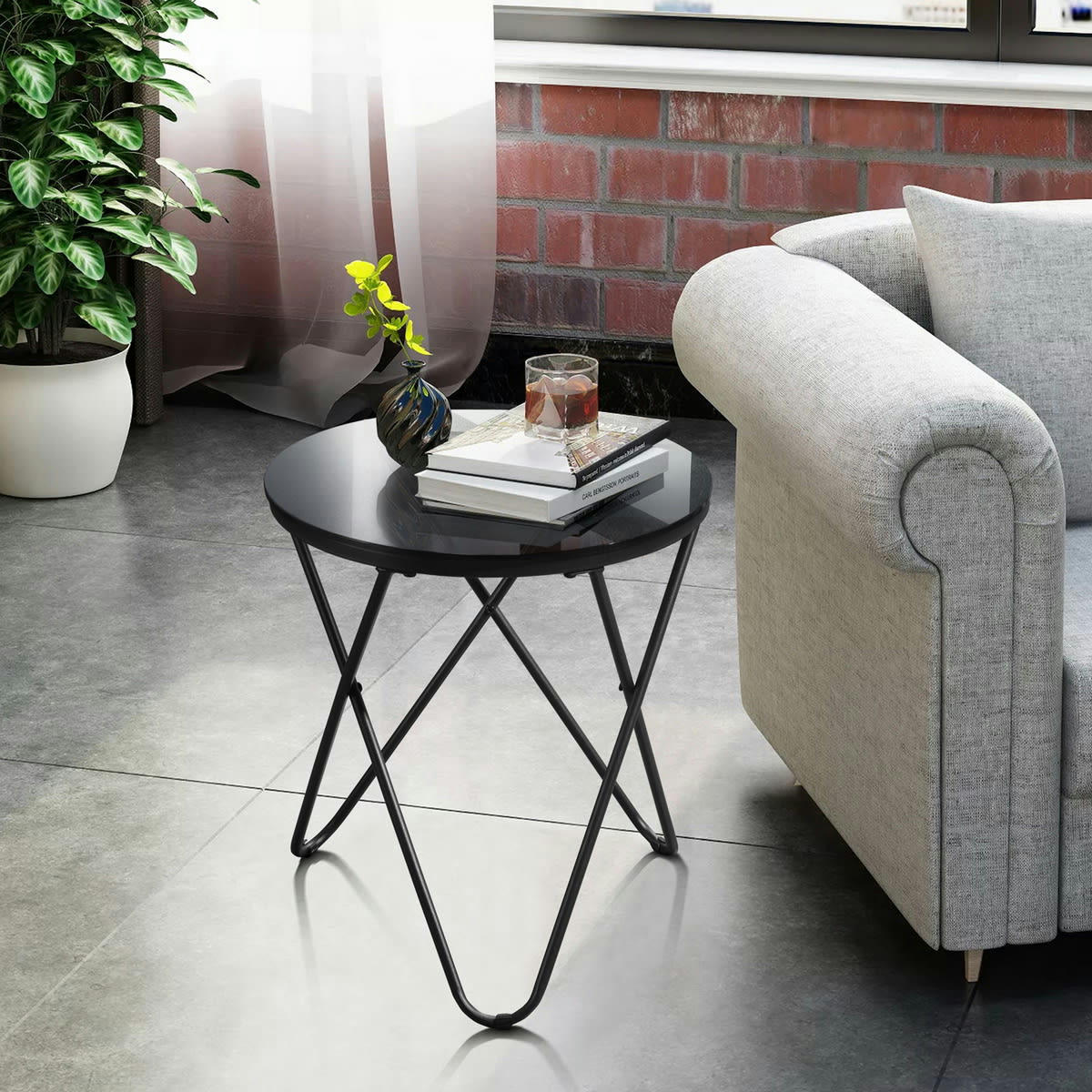 CANALES - Table Basse Ronde En Métal En Verre Trempé Industriel Noir 45*45*50cm