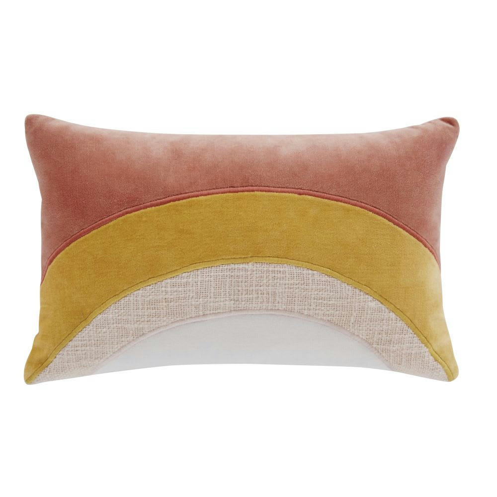 MALAGA - Coussin en coton tramé et velours de coton roses et jaune moutarde 25x40