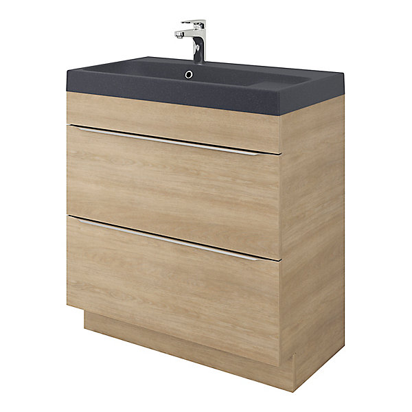 Meuble vasque suspendu effet chêne l.80 cm Imandra   plan double vasque noir résine Mila, GoodHome