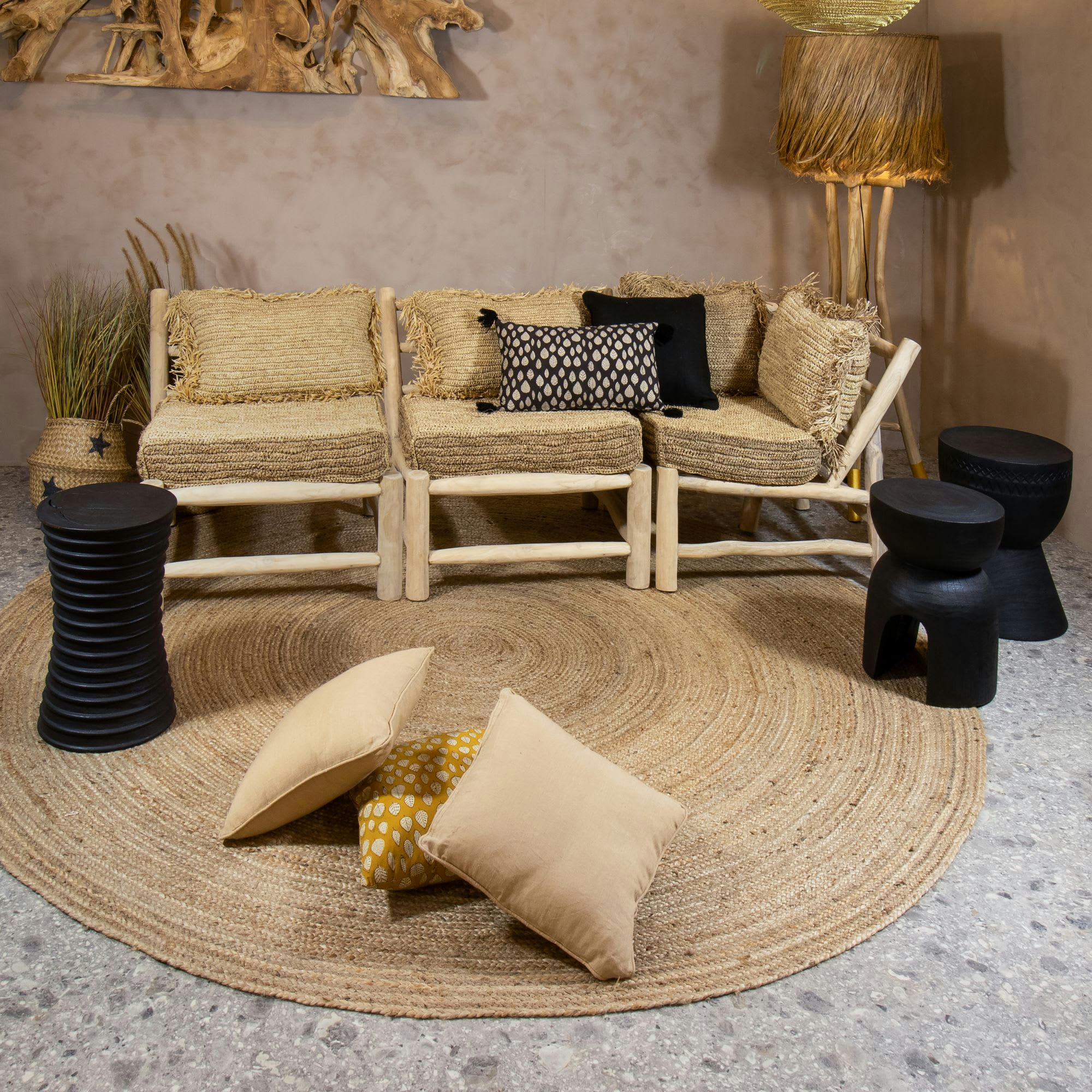 SYROS - Méridienne en teck et revêtement sisal et raphia 3 places