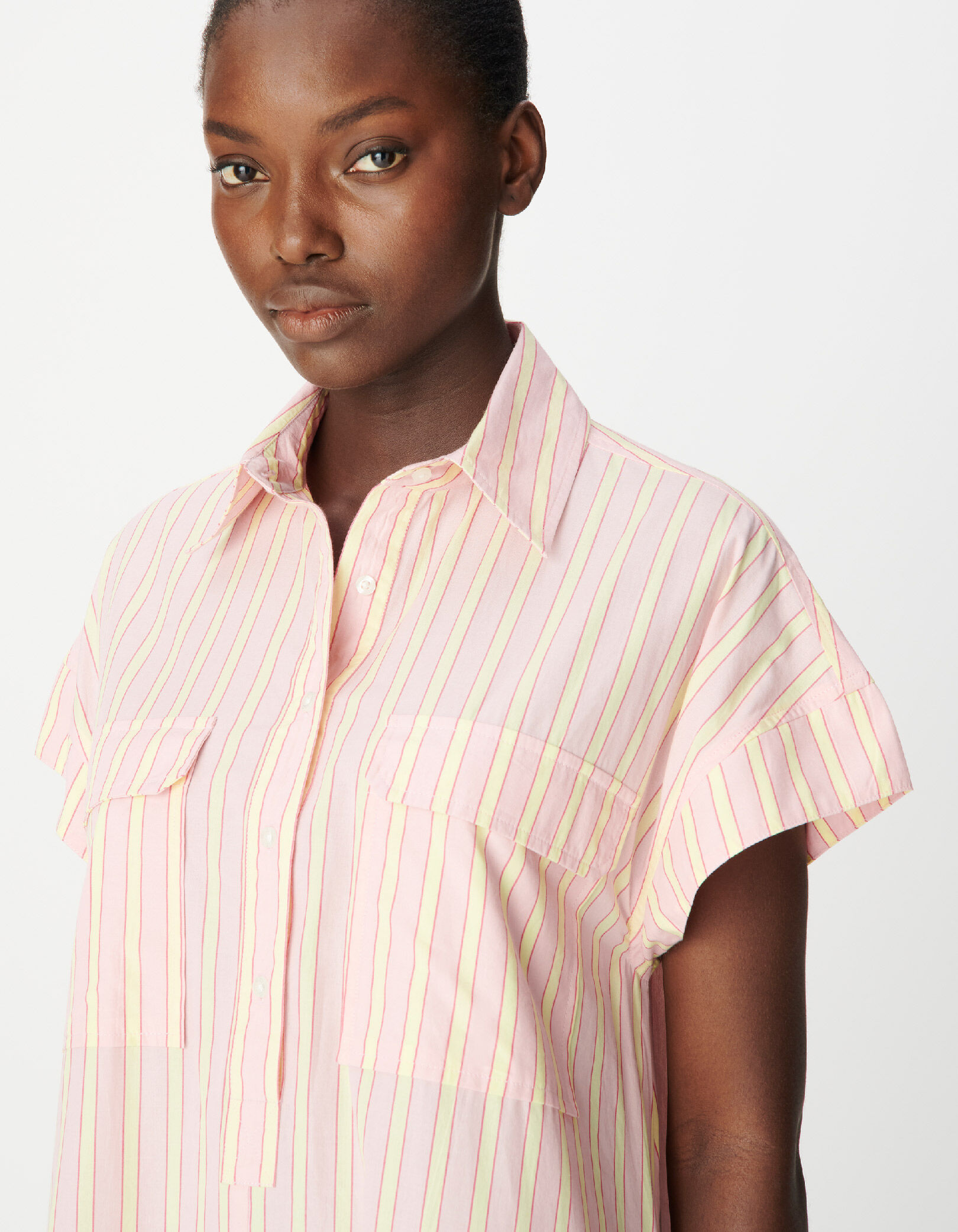 Robe chemise midi rose motif rayures Femme