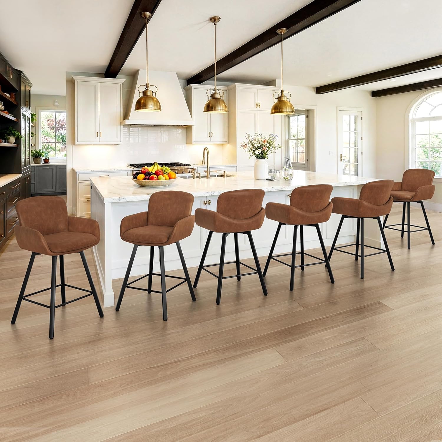 LUE BONA 26 Swivel Bar Stools Set of 6, Counter Height Bar Stools with Backrest and Arms, Modern Upholstered Barstools with Metal Legs for Kitchen Island, Brown