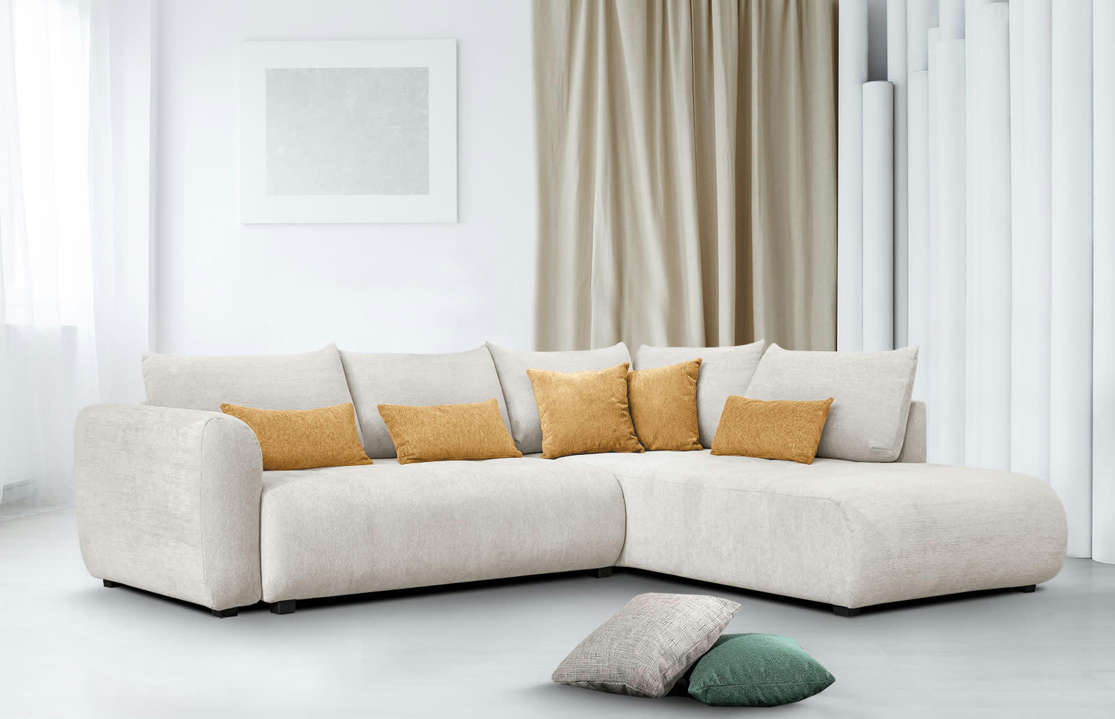 SORENO - Canapé d'angle droit 5 places écru avec le couchage