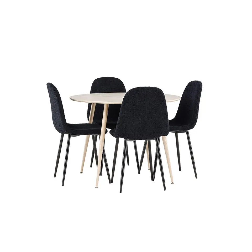 Hioshop Plaza eethoek tafel &Oslash;100cm en 4 teddy stoelen whitewash