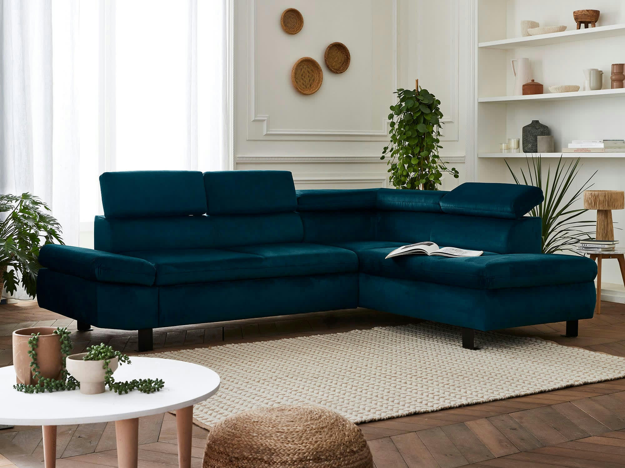 NAIROBI - Canapé d'angle droit convertible 5 places en velours bleu canard