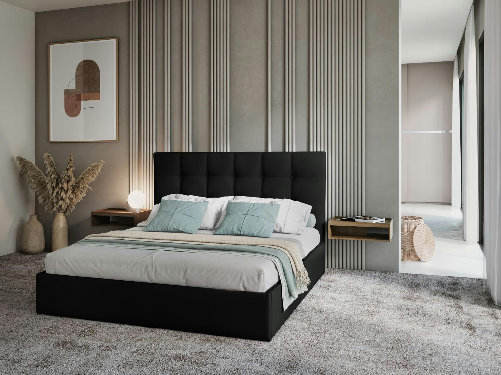 PHAEDRA - Lit coffre avec tête de lit 160x200 cm en tissu structuré noir