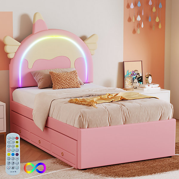 Lit gigogne 90x200 cm - Lit simple enfant avec lit gigogne - PU   MDF - Sans matelas - Rose