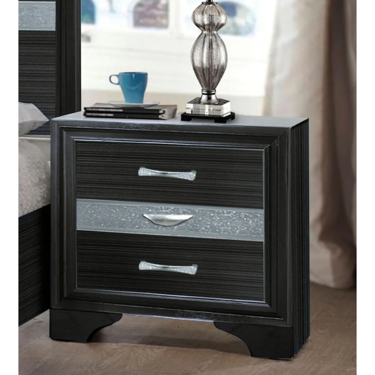 Black Rubberwood Contemporary 3-Drawer Nightstand with Metal Accents