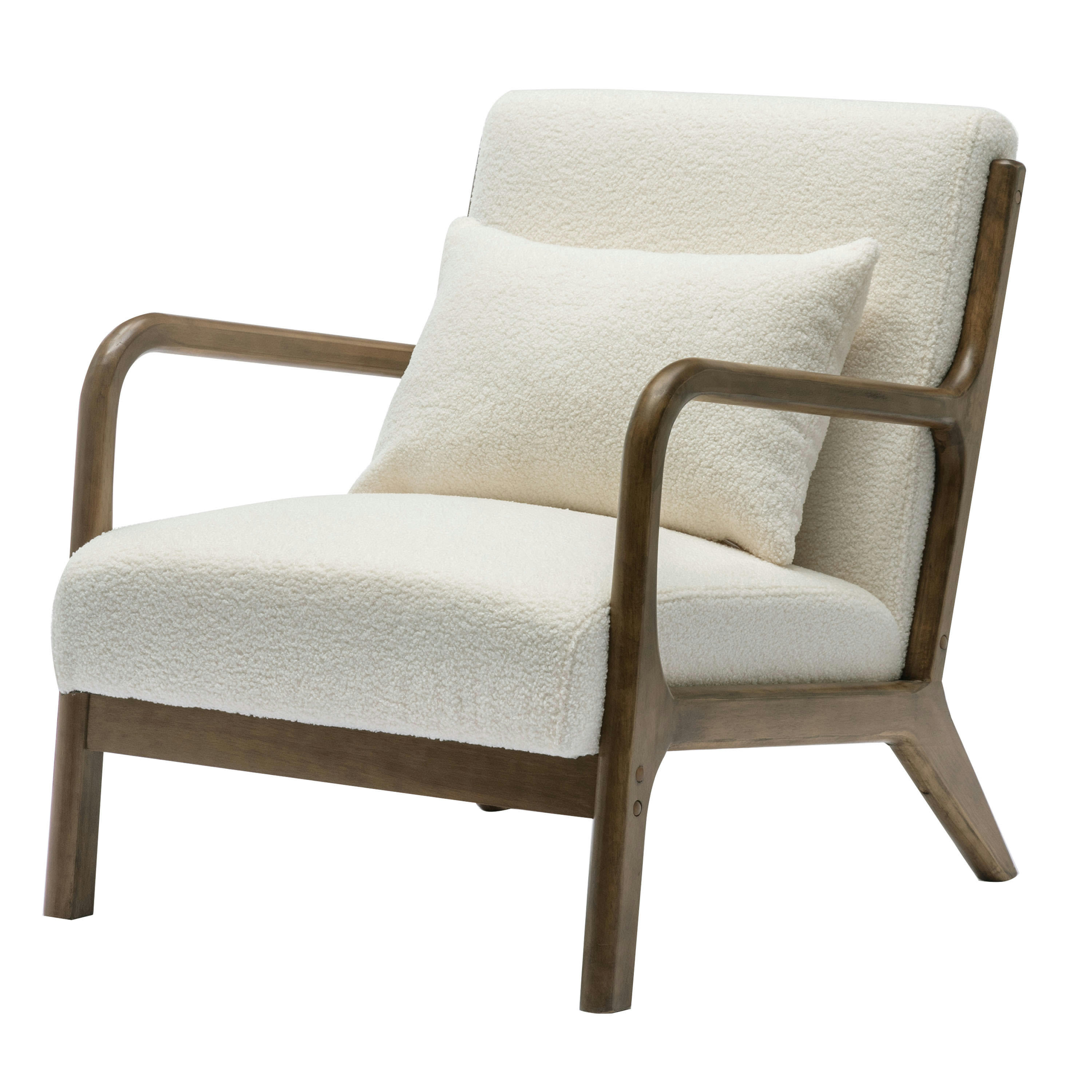 ZACK - Fauteuil lounge avec coussin Bouclette Ecru et bois teinté noyer