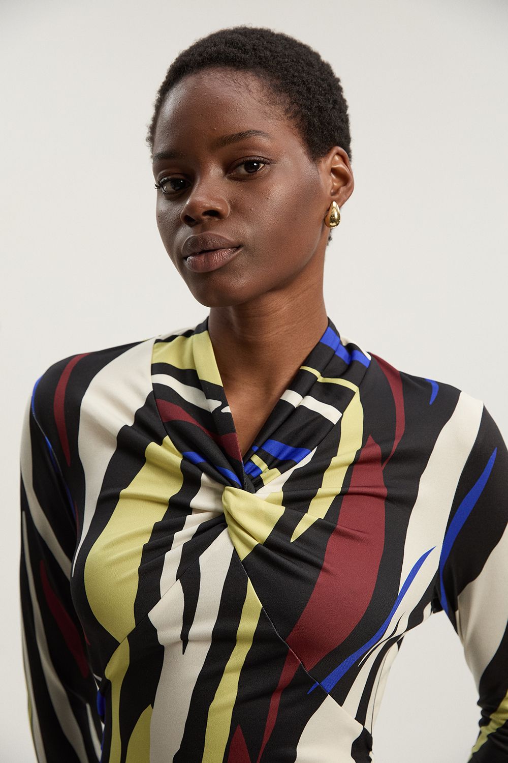 KarenMillen Abstract Zebra Print Ruched Detail High Neck Long Sleeve Crepe Midi Dress