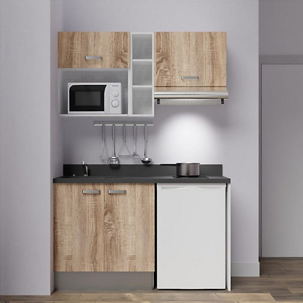 Kitchenette K13 - 140 cm - façades Bois - Plan monobloc en quartz coloris Nero évier à gauche