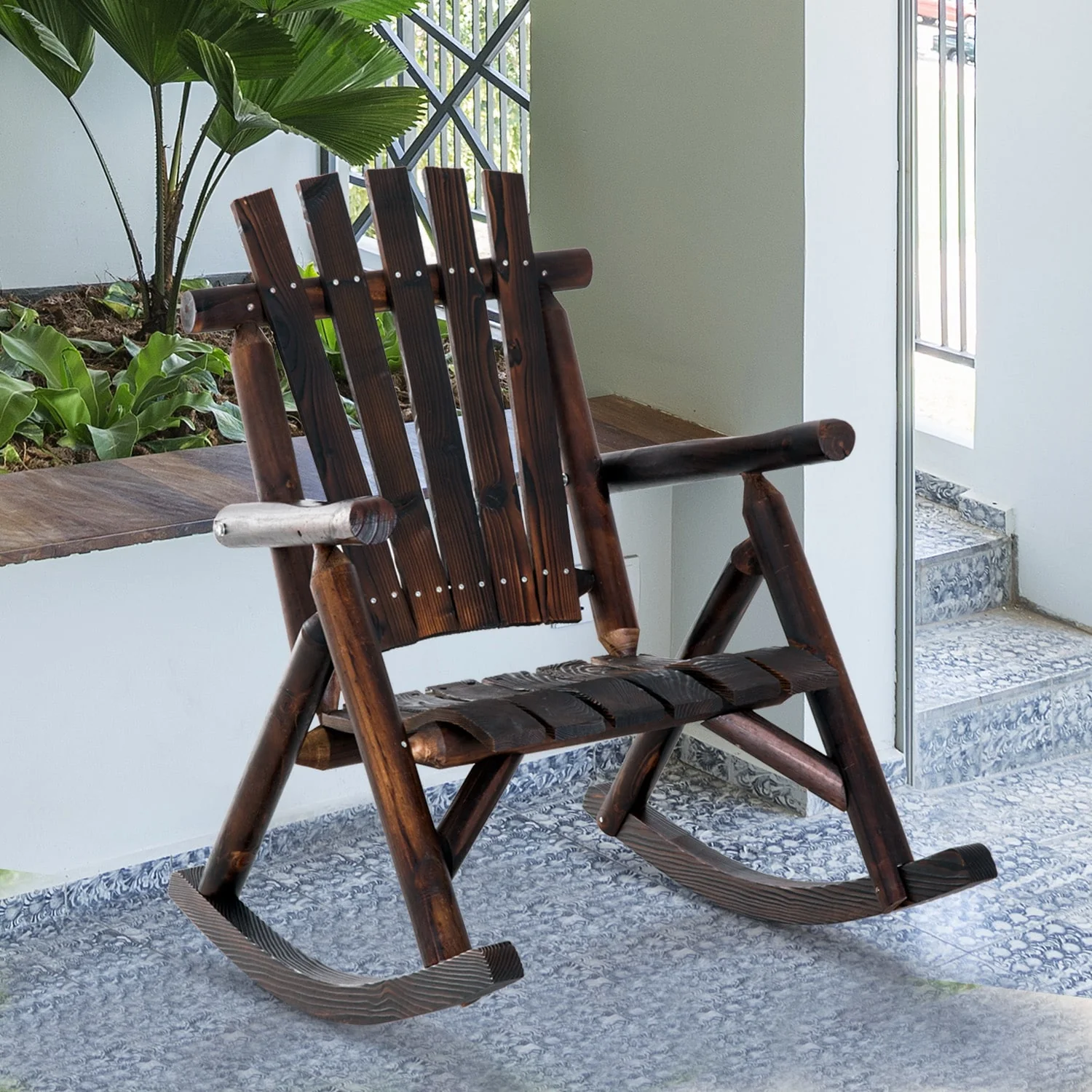 Outsunny Outdoor Rustic Adirondack Rocking Chair, Fir Wood Log Slatted Design Patio Rocker for Porch Garden Lounging