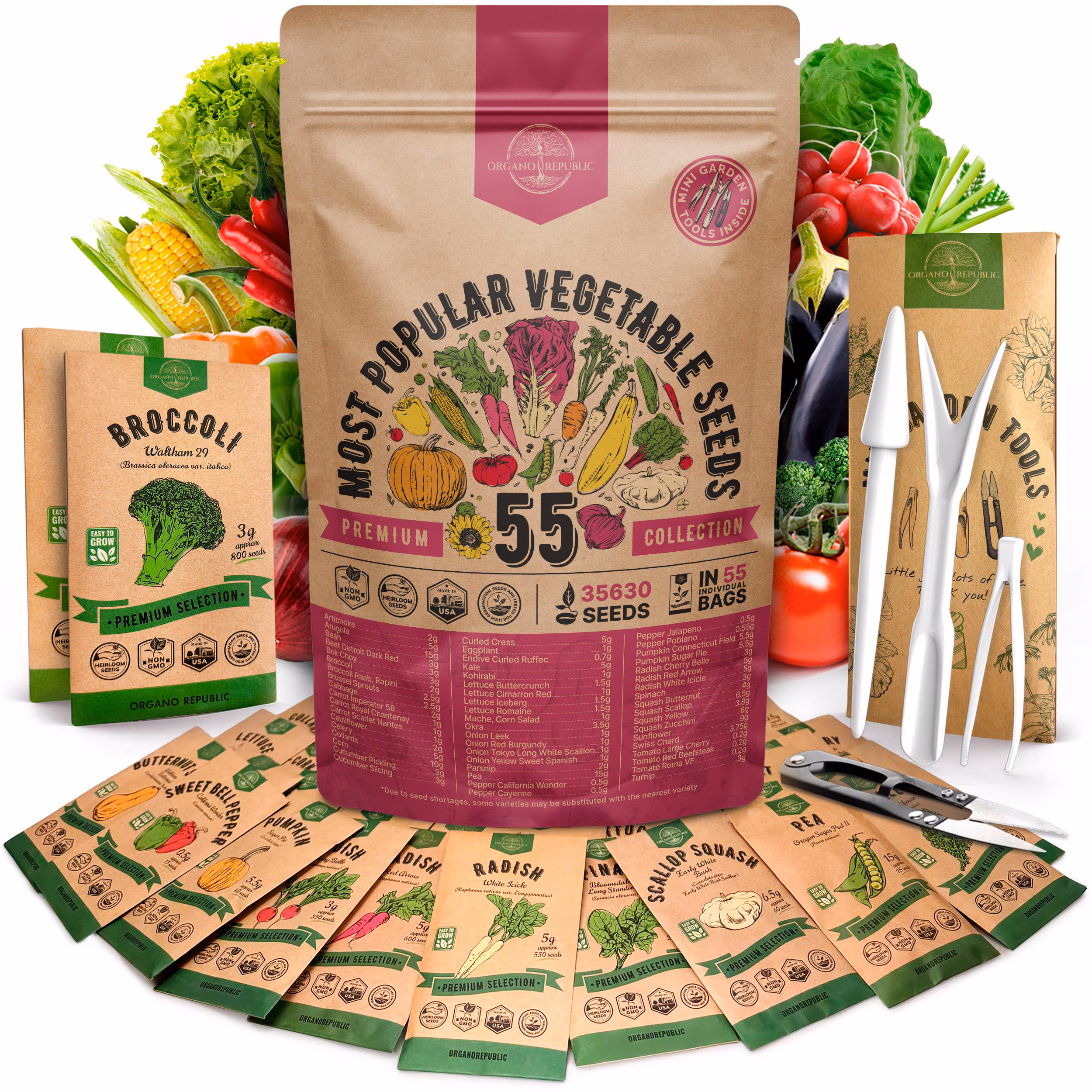 55 Vegetable Seeds Variety Pack: Non GMO Heirloom 35,600 Seeds
