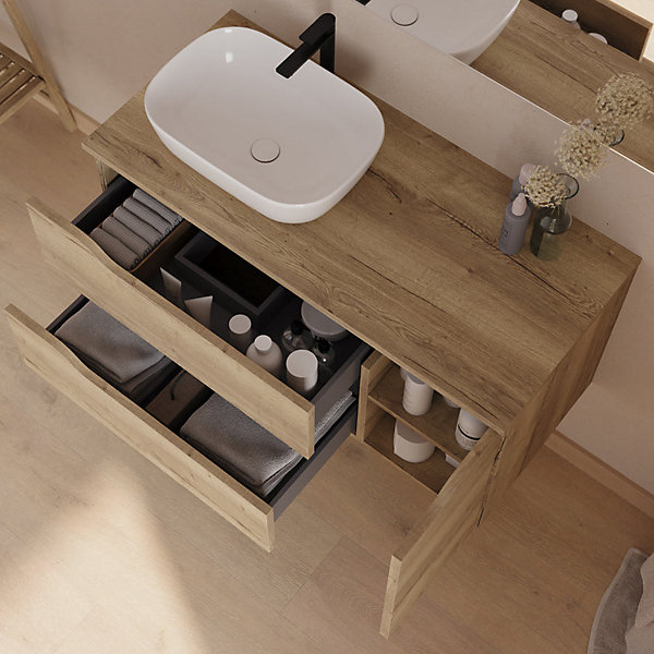 Meuble de salle de bain 100cm avec plateau et vasque à poser à gauche Zeus - sans miroir - 2 tiroirs et 1 placard - bois - ZARZA