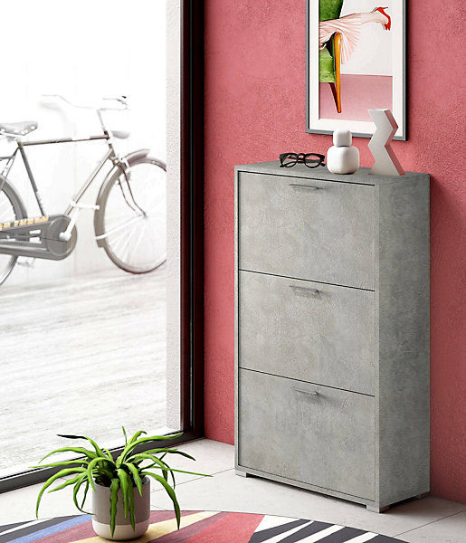 Etagere à chaussures Peonia, Meuble d'entrée polyvalent avec 3 portes pliantes, 67x28h112 cm, Ciment
