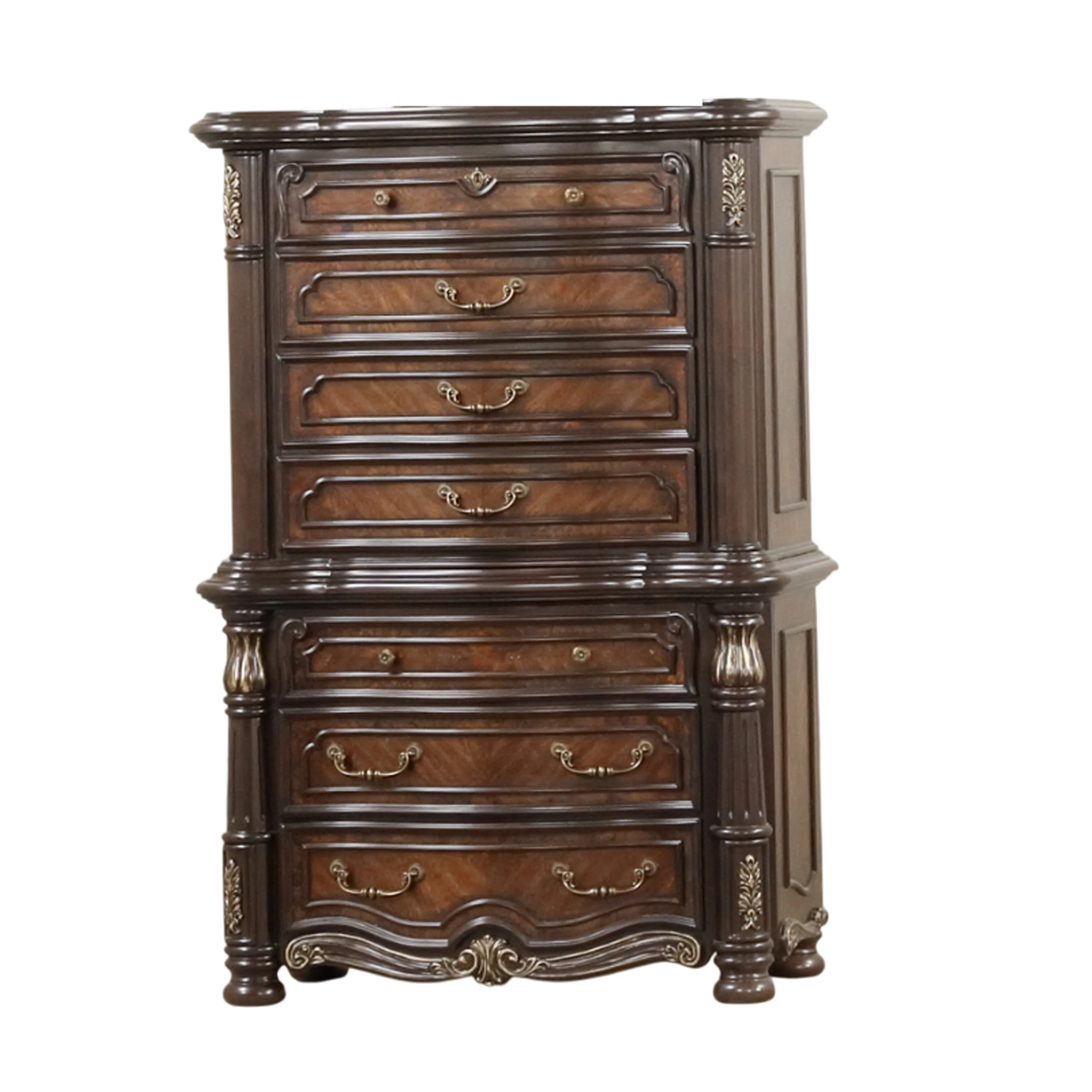 Ruth 2pc Tall Dresser Chest, Baroque Style, 7 Drawers, Cherry Brown