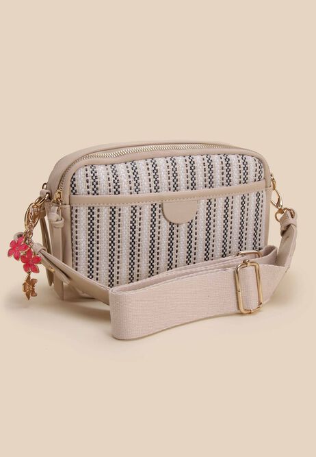 Womens Cream Stripe Woven Camera Bag