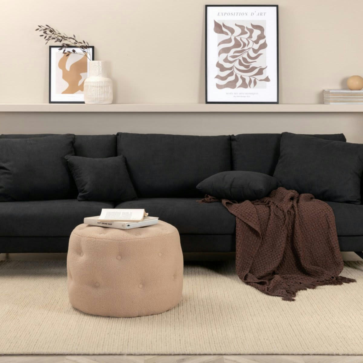 BENITO - Canapé droit 3 places en tissu noir